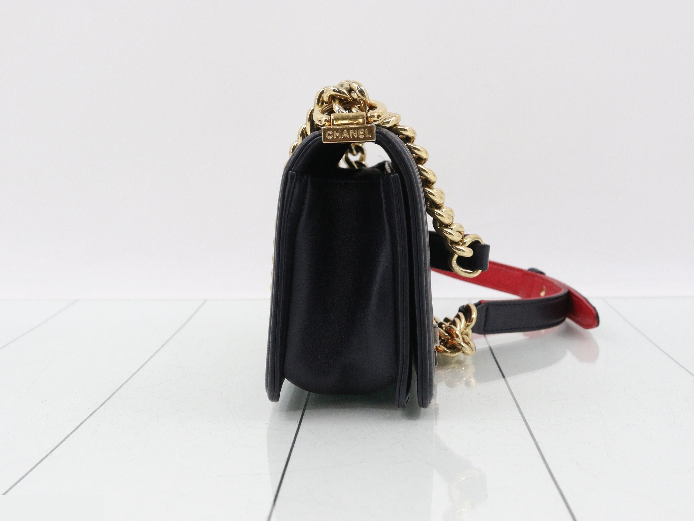 Lambskin Shoulder Bag, Boy Chanel Small Handbag, Navy — view 4