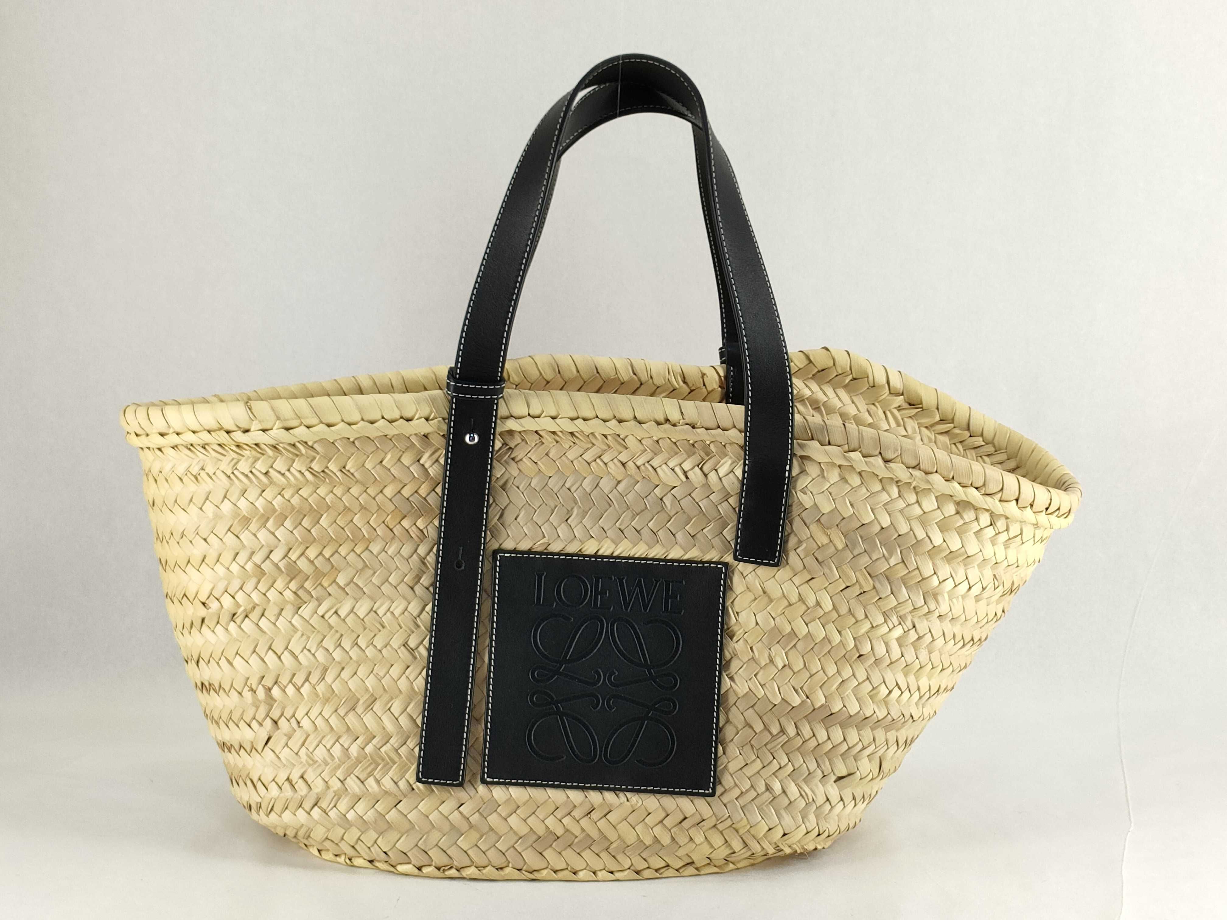Anagram Basket Large Raffia x Leather Basket Bag Beige x Black Handbag