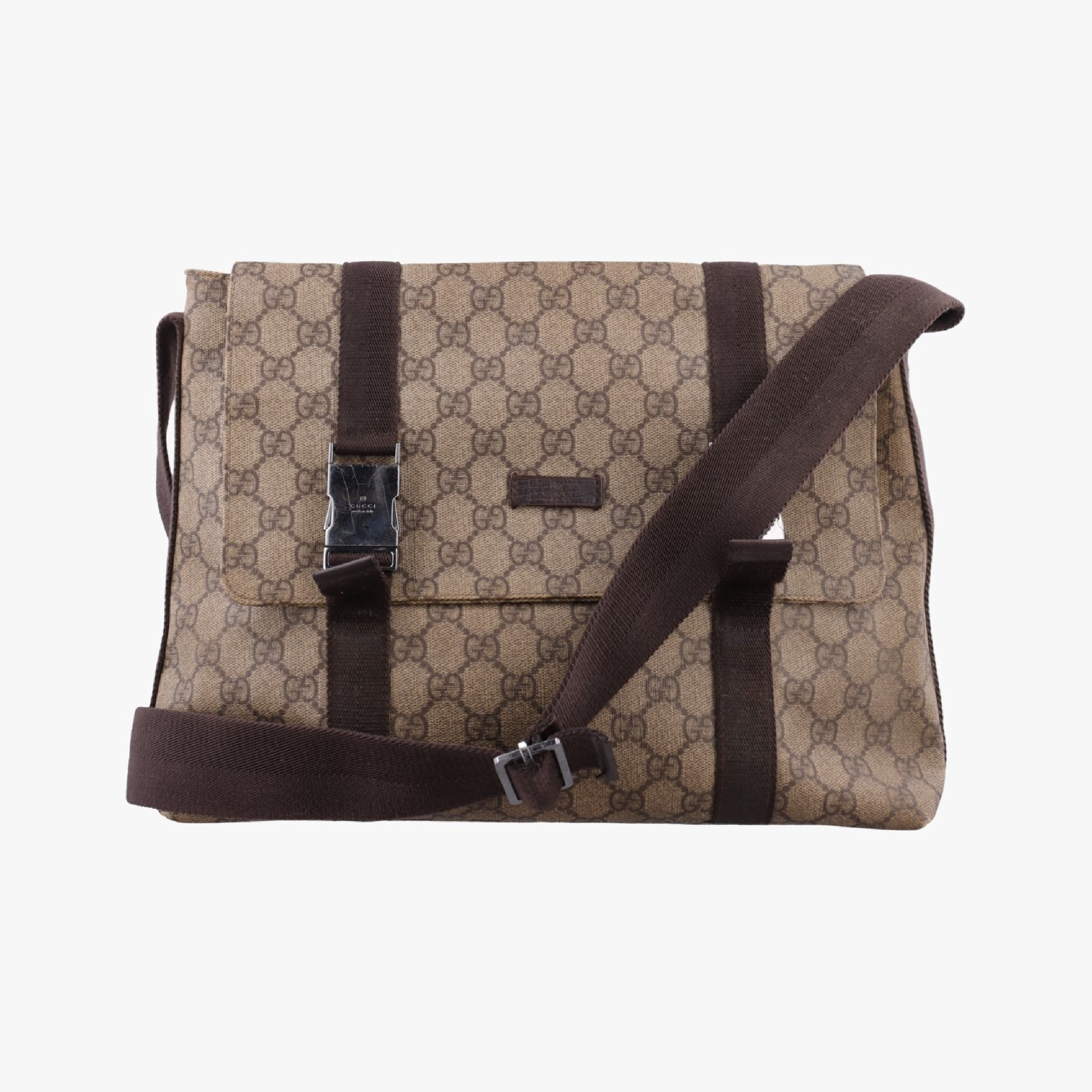 GG Supreme Double Buckle Shoulder Bag, Beige x Dark Brown PVC Coated Canvas, 122373
