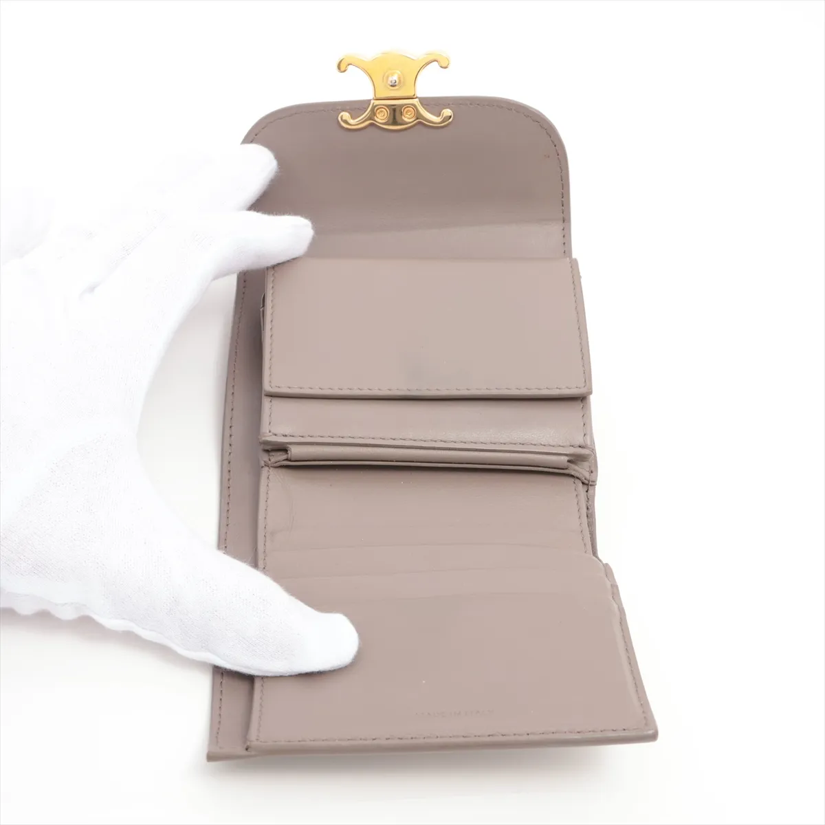 Triomphe Small Flap Wallet Leather Compact Wallet Beige — view 5