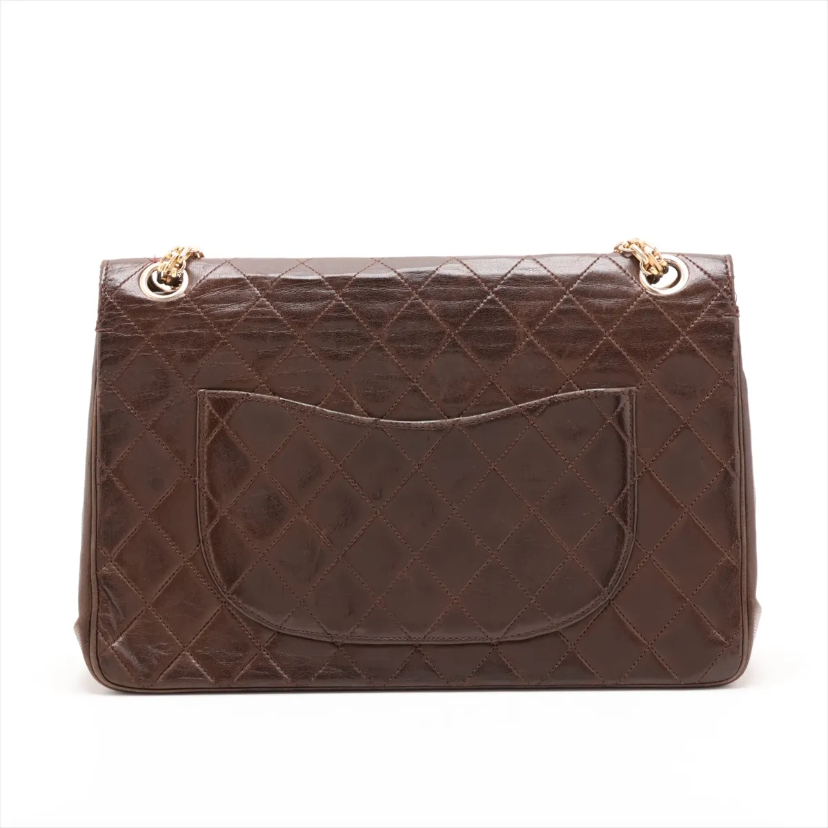 Matelassé Leather Double Flap Double Chain Bag, Brown with Gold Hardware — view 2