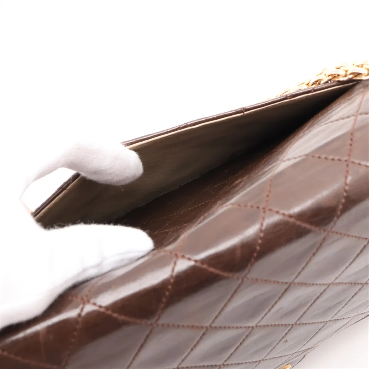 Matelassé Leather Double Flap Double Chain Bag, Brown with Gold Hardware — view 11