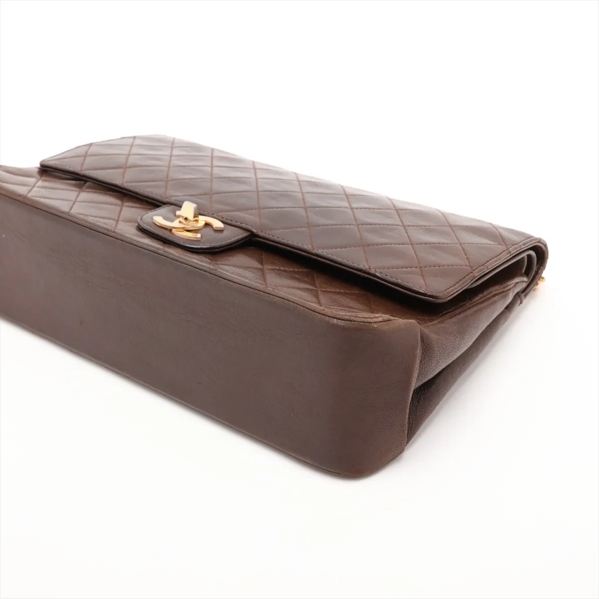Matelassé Leather Double Flap Double Chain Bag, Brown with Gold Hardware — view 3