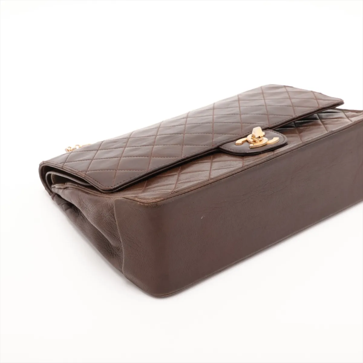 Matelassé Leather Double Flap Double Chain Bag, Brown with Gold Hardware — view 4