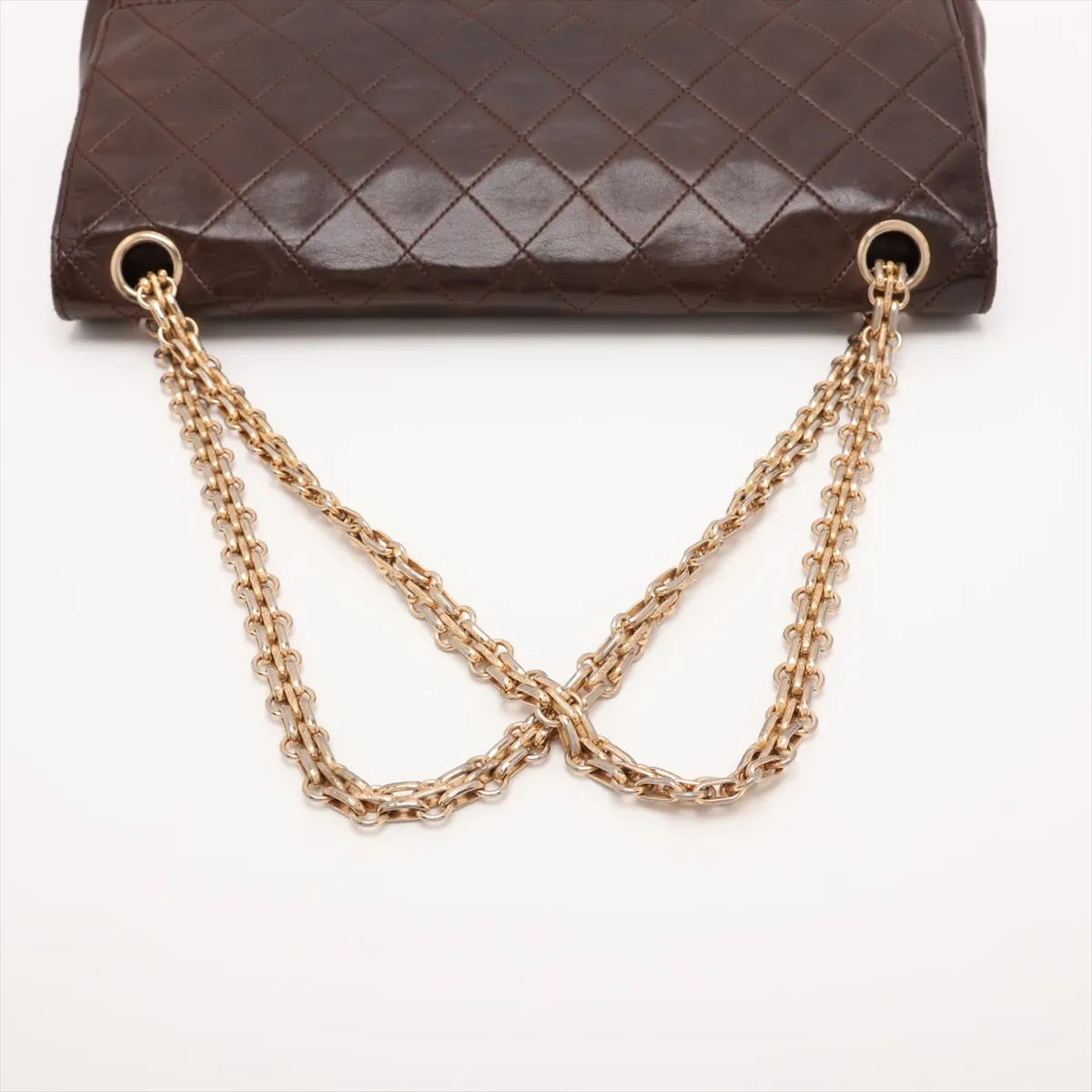 Matelassé Leather Double Flap Double Chain Bag, Brown with Gold Hardware — view 5