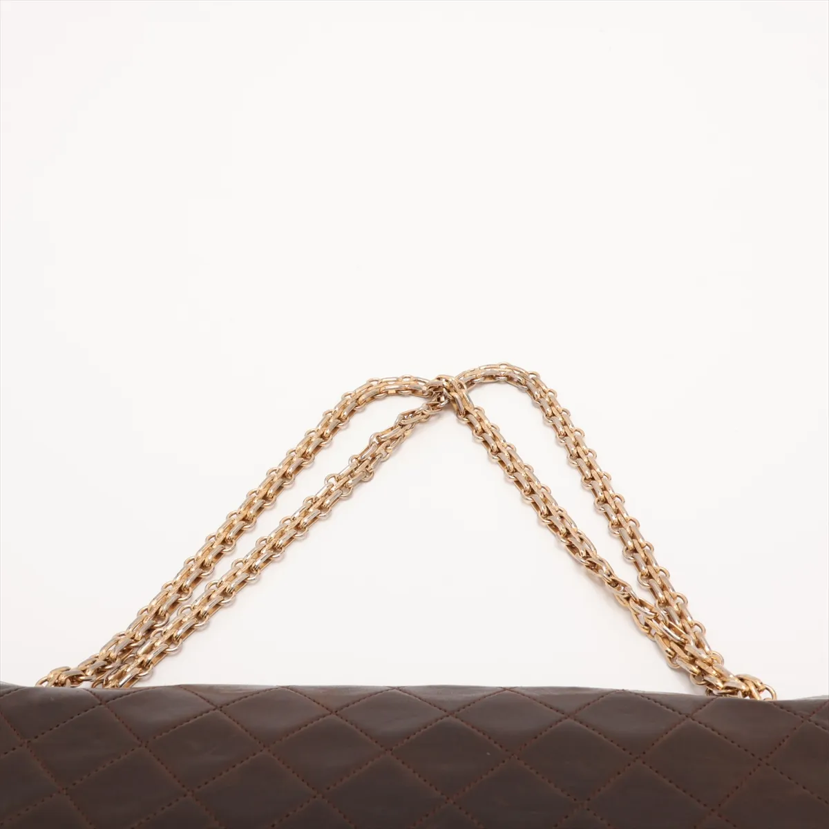 Matelassé Leather Double Flap Double Chain Bag, Brown with Gold Hardware — view 6