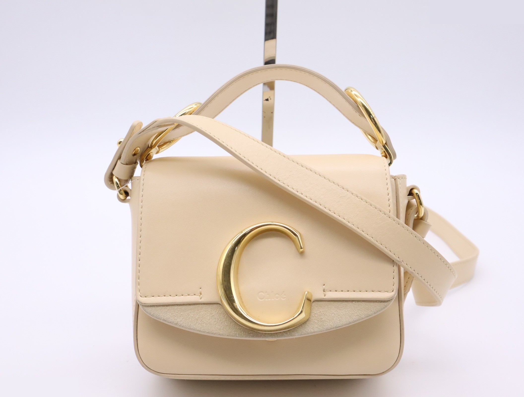 Calf suede Chloe C 2-way handbag, ivory, gold hardware