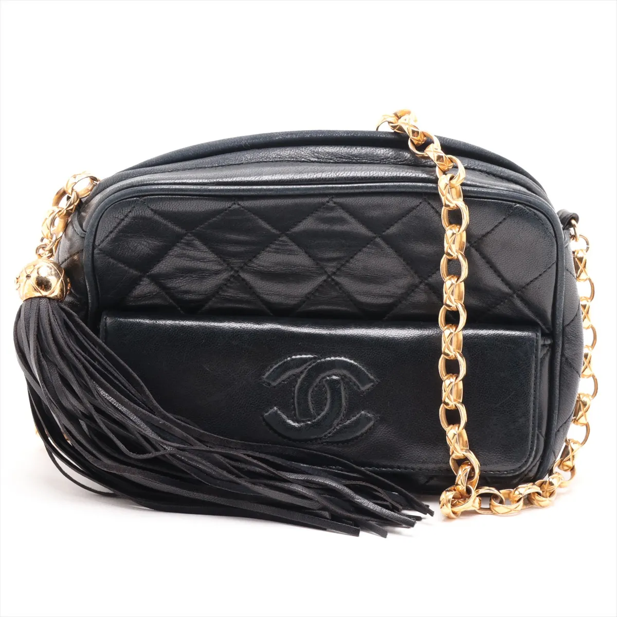 Matelassé Lambskin Chain Shoulder Bag with Fringe, Black with Gold Hardware, Item No. 1598592