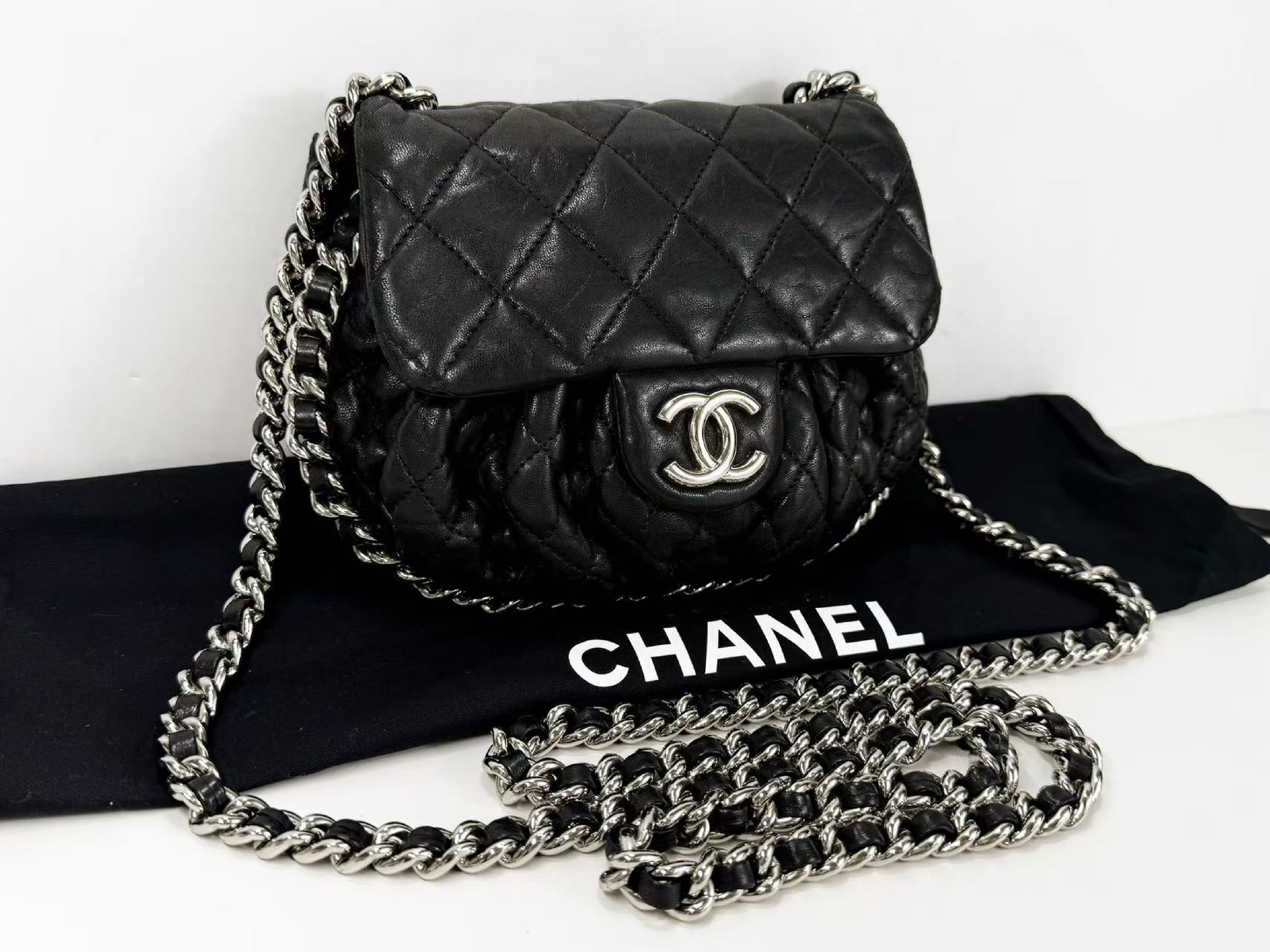 Black Matelassé Chain Around Shoulder Bag, Wrinkled Finish, Tanlock, Approx. W20cm, Serial Number 14-series, with dust bag and sticker, Silver Hardware, 14390206 — view 2