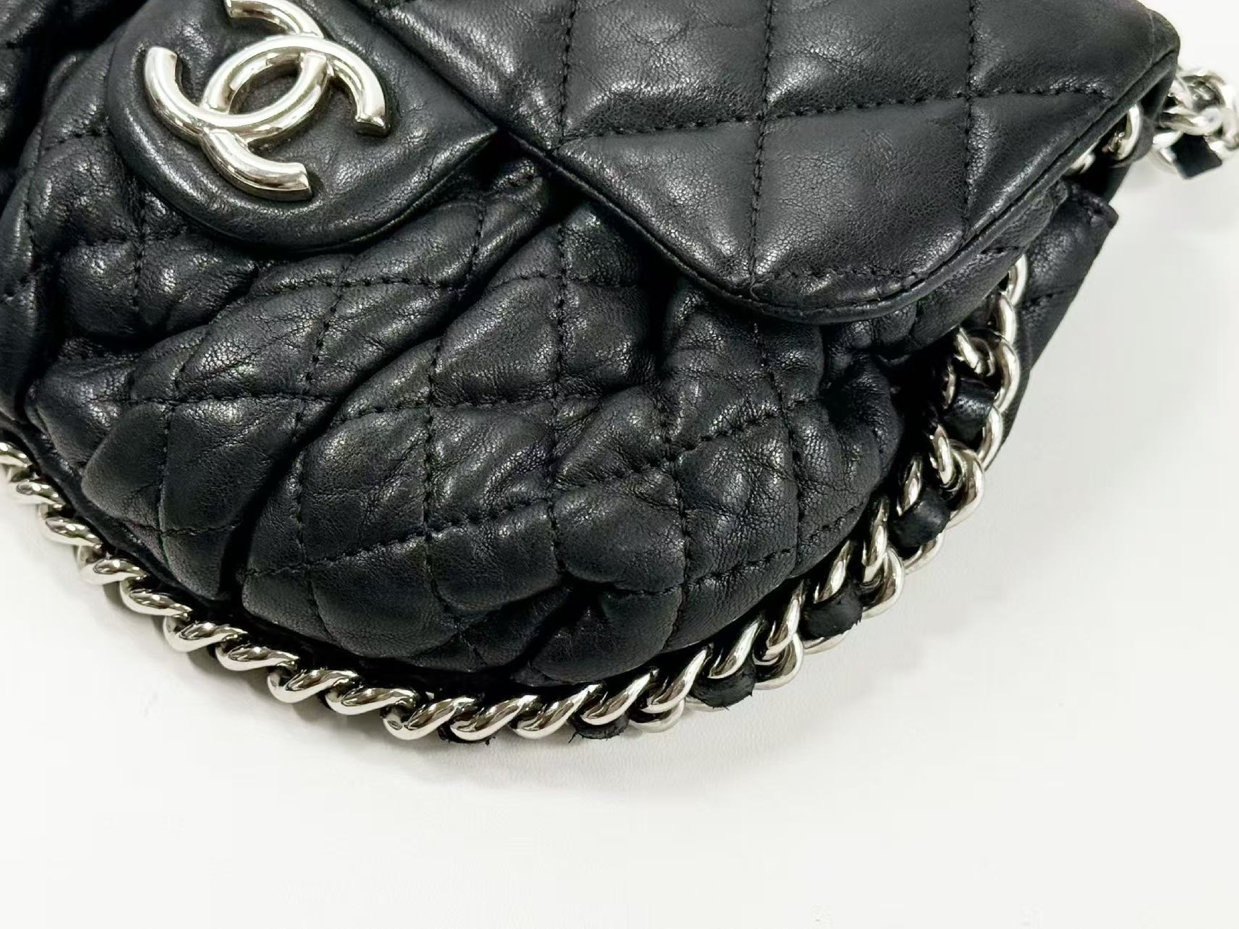 Black Matelassé Chain Around Shoulder Bag, Wrinkled Finish, Tanlock, Approx. W20cm, Serial Number 14-series, with dust bag and sticker, Silver Hardware, 14390206 — view 11