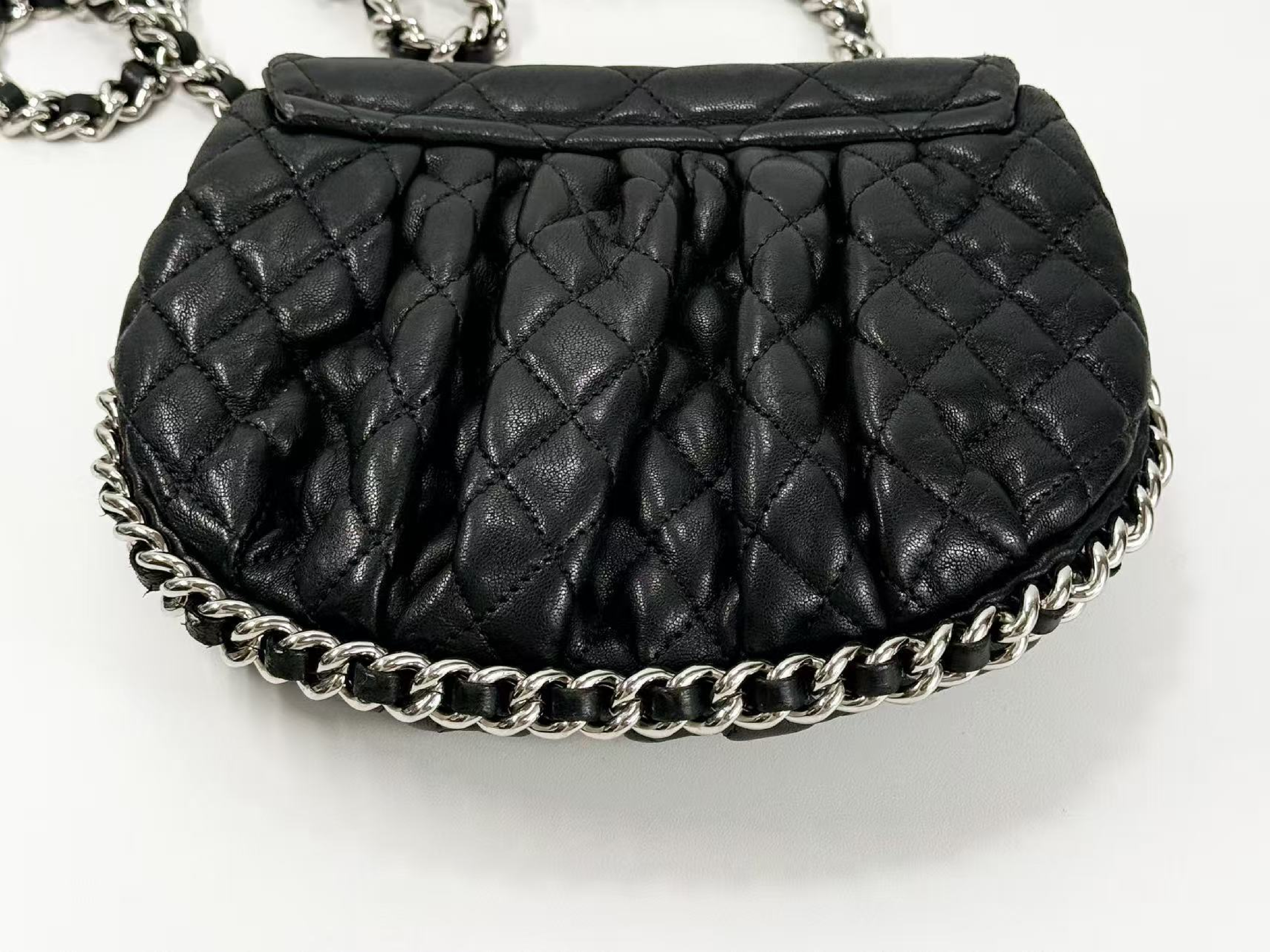 Black Matelassé Chain Around Shoulder Bag, Wrinkled Finish, Tanlock, Approx. W20cm, Serial Number 14-series, with dust bag and sticker, Silver Hardware, 14390206 — view 12
