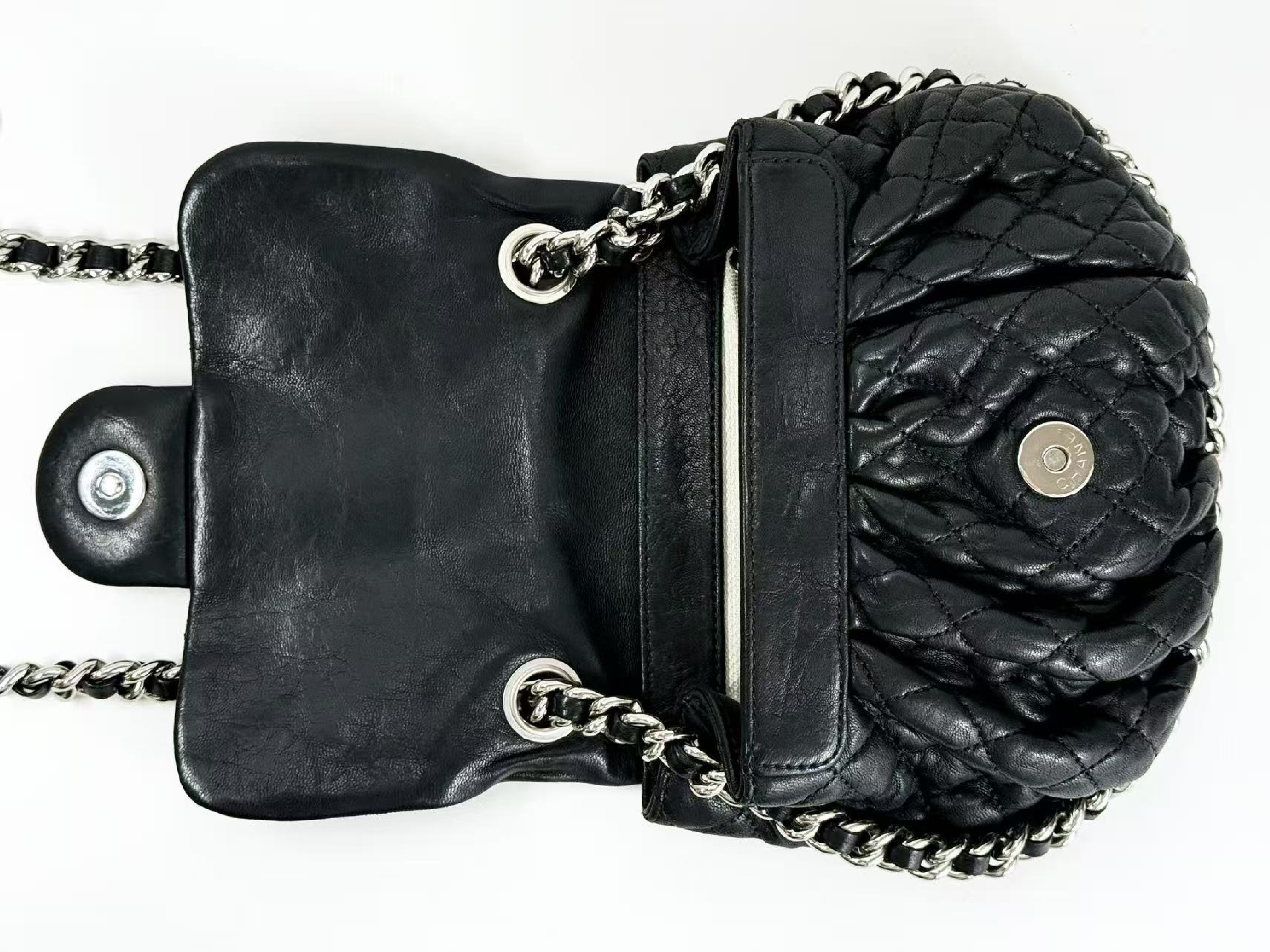 Black Matelassé Chain Around Shoulder Bag, Wrinkled Finish, Tanlock, Approx. W20cm, Serial Number 14-series, with dust bag and sticker, Silver Hardware, 14390206 — view 14