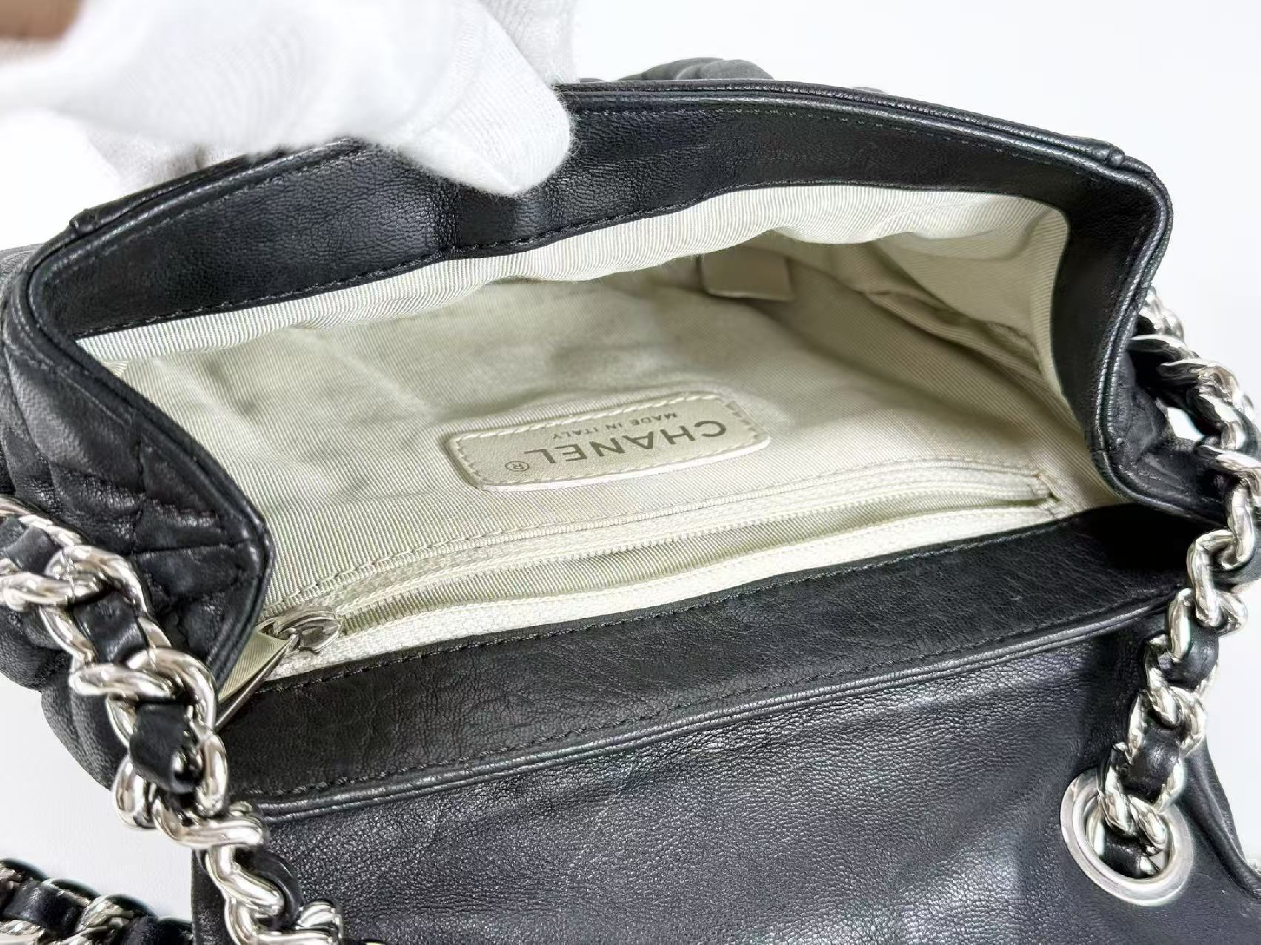 Black Matelassé Chain Around Shoulder Bag, Wrinkled Finish, Tanlock, Approx. W20cm, Serial Number 14-series, with dust bag and sticker, Silver Hardware, 14390206 — view 15