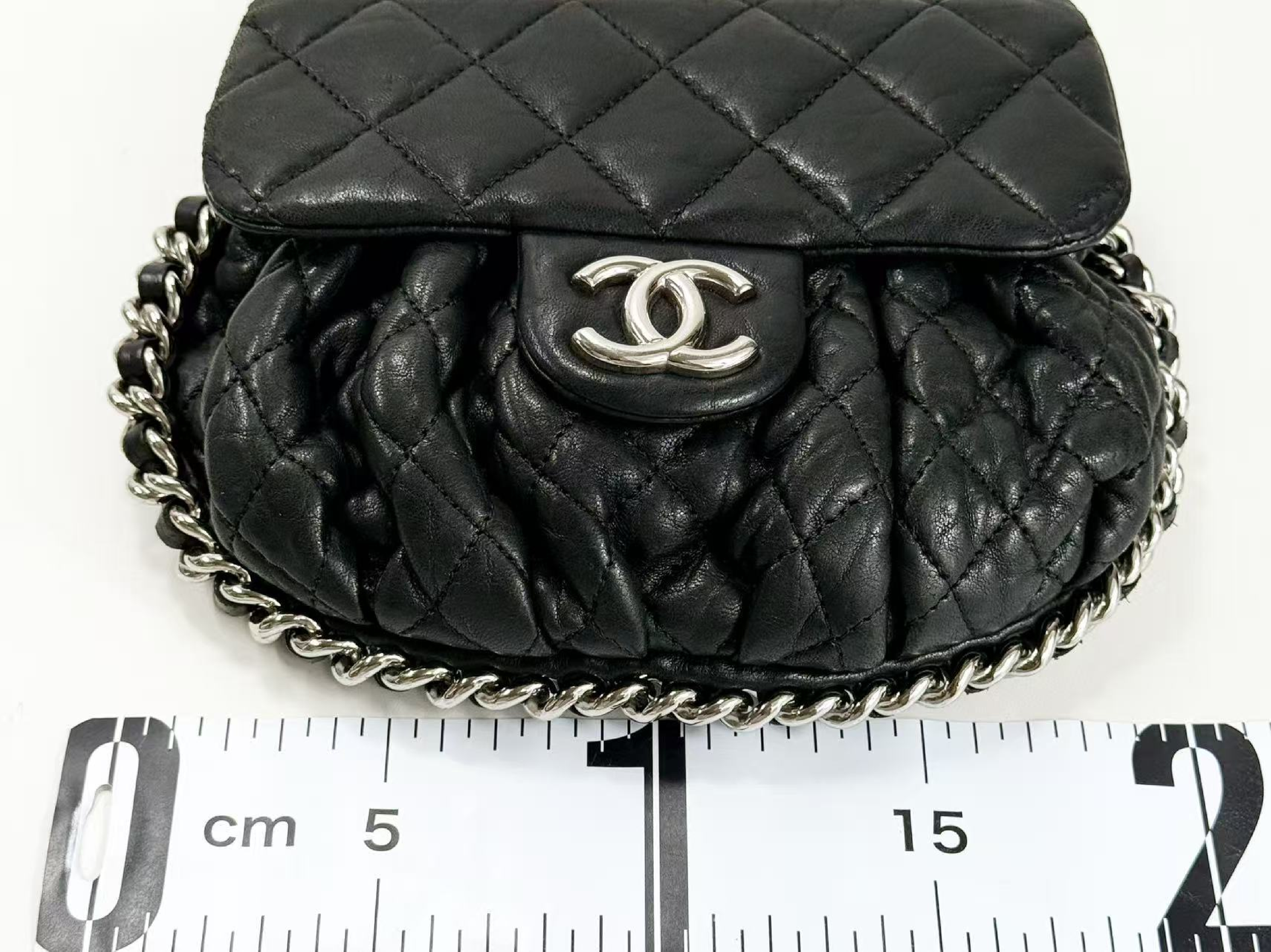 Black Matelassé Chain Around Shoulder Bag, Wrinkled Finish, Tanlock, Approx. W20cm, Serial Number 14-series, with dust bag and sticker, Silver Hardware, 14390206 — view 4