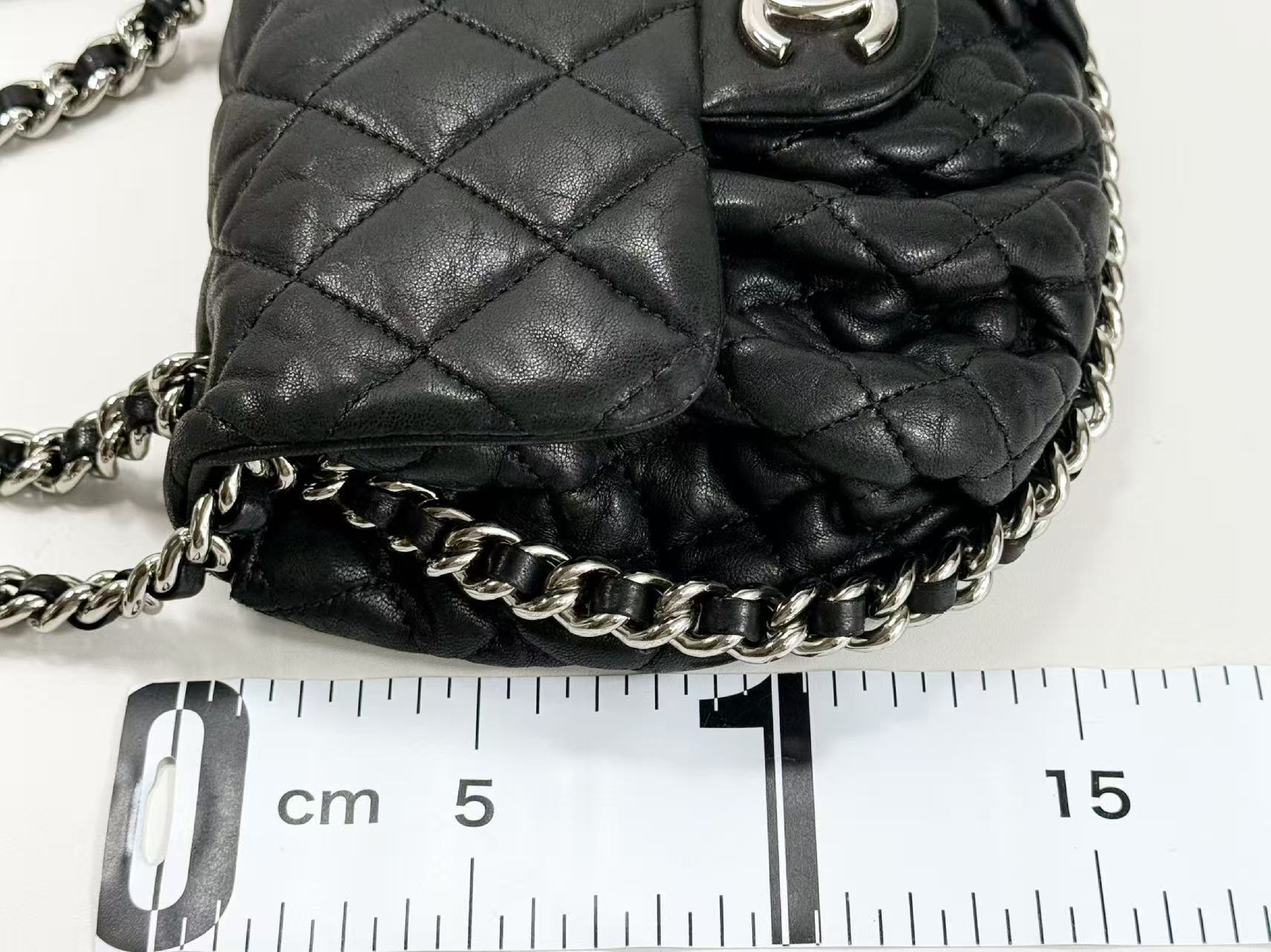 Black Matelassé Chain Around Shoulder Bag, Wrinkled Finish, Tanlock, Approx. W20cm, Serial Number 14-series, with dust bag and sticker, Silver Hardware, 14390206 — view 5