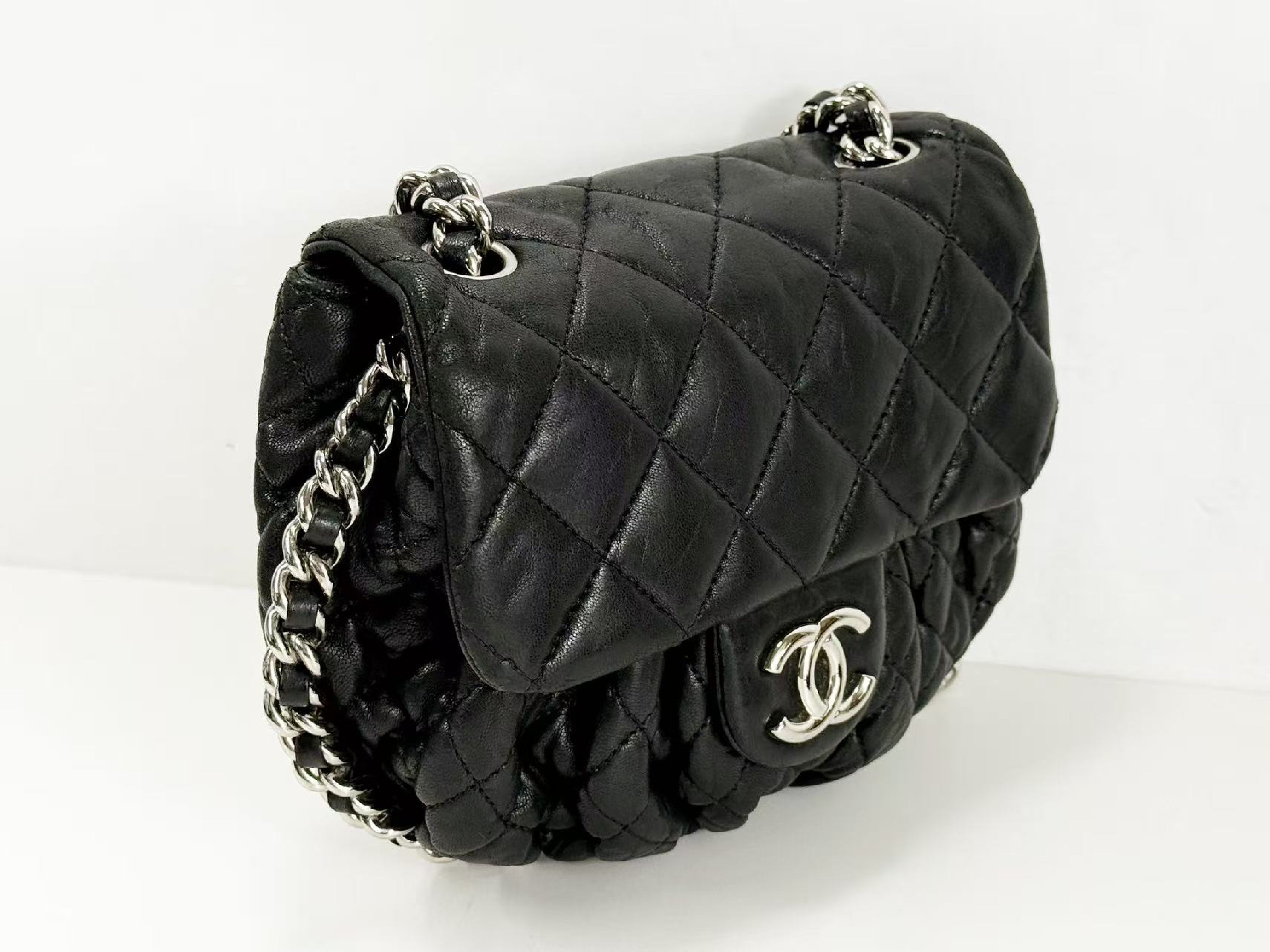 Black Matelassé Chain Around Shoulder Bag, Wrinkled Finish, Tanlock, Approx. W20cm, Serial Number 14-series, with dust bag and sticker, Silver Hardware, 14390206 — view 6