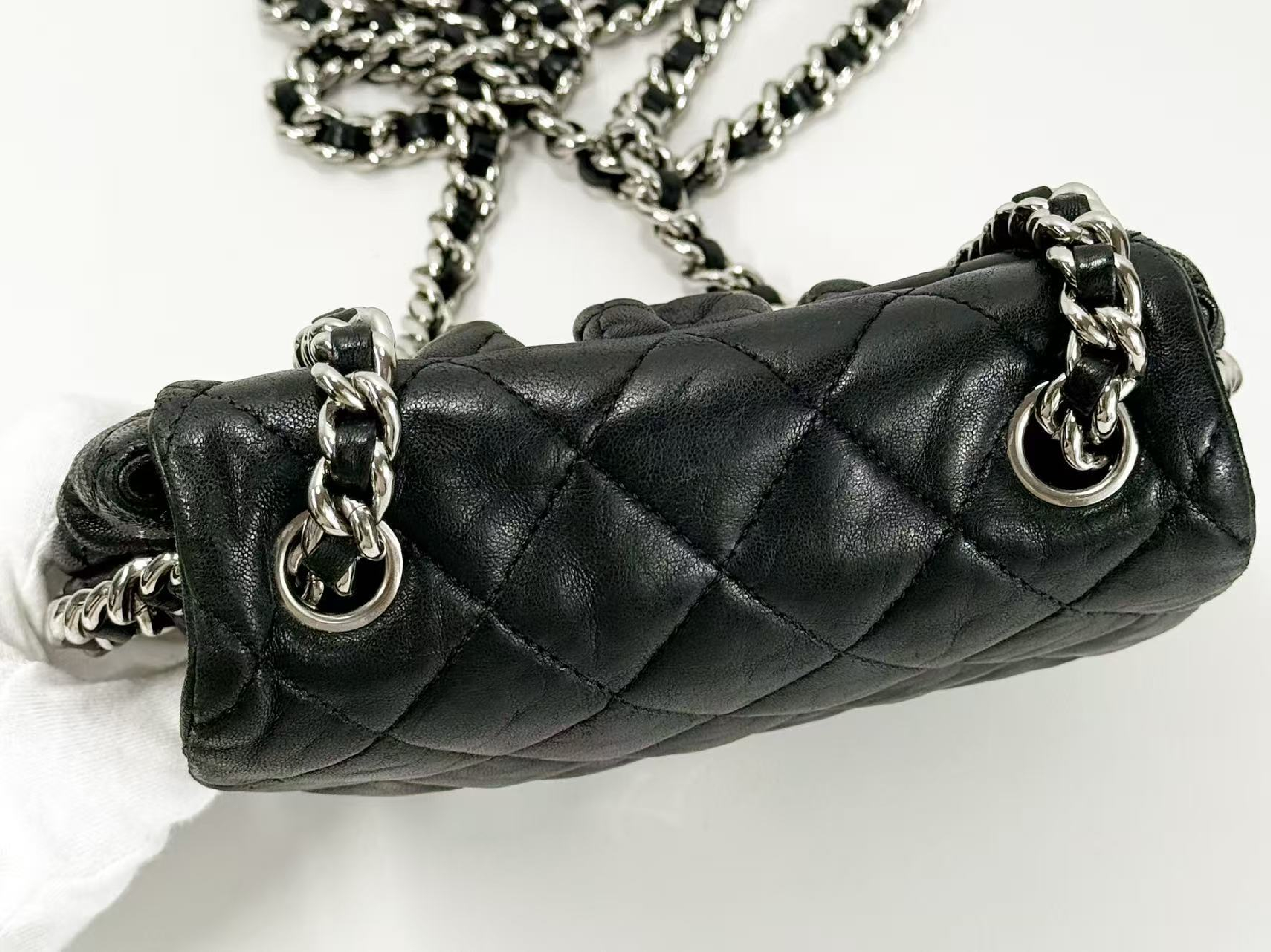 Black Matelassé Chain Around Shoulder Bag, Wrinkled Finish, Tanlock, Approx. W20cm, Serial Number 14-series, with dust bag and sticker, Silver Hardware, 14390206 — view 7