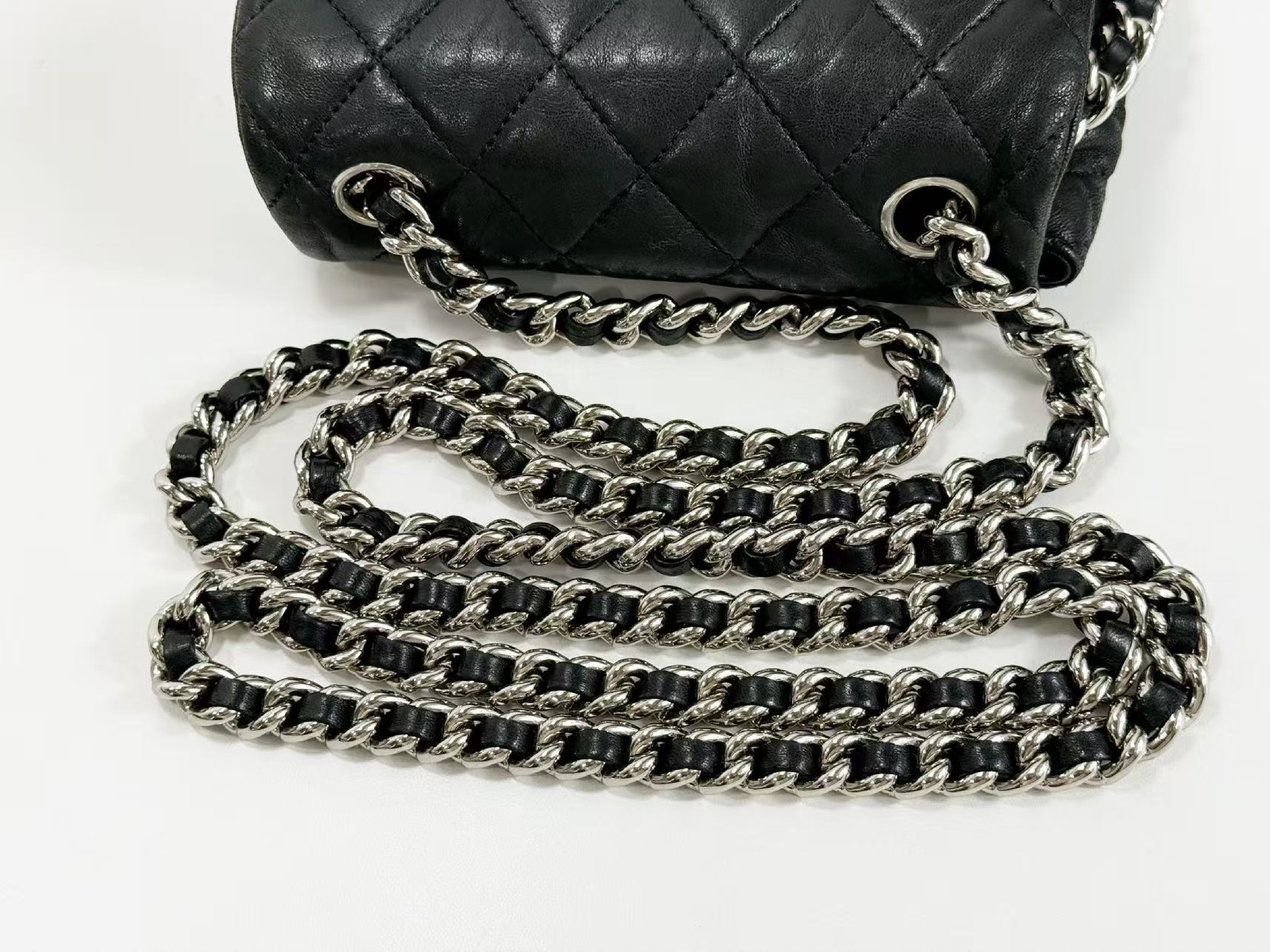 Black Matelassé Chain Around Shoulder Bag, Wrinkled Finish, Tanlock, Approx. W20cm, Serial Number 14-series, with dust bag and sticker, Silver Hardware, 14390206 — view 8
