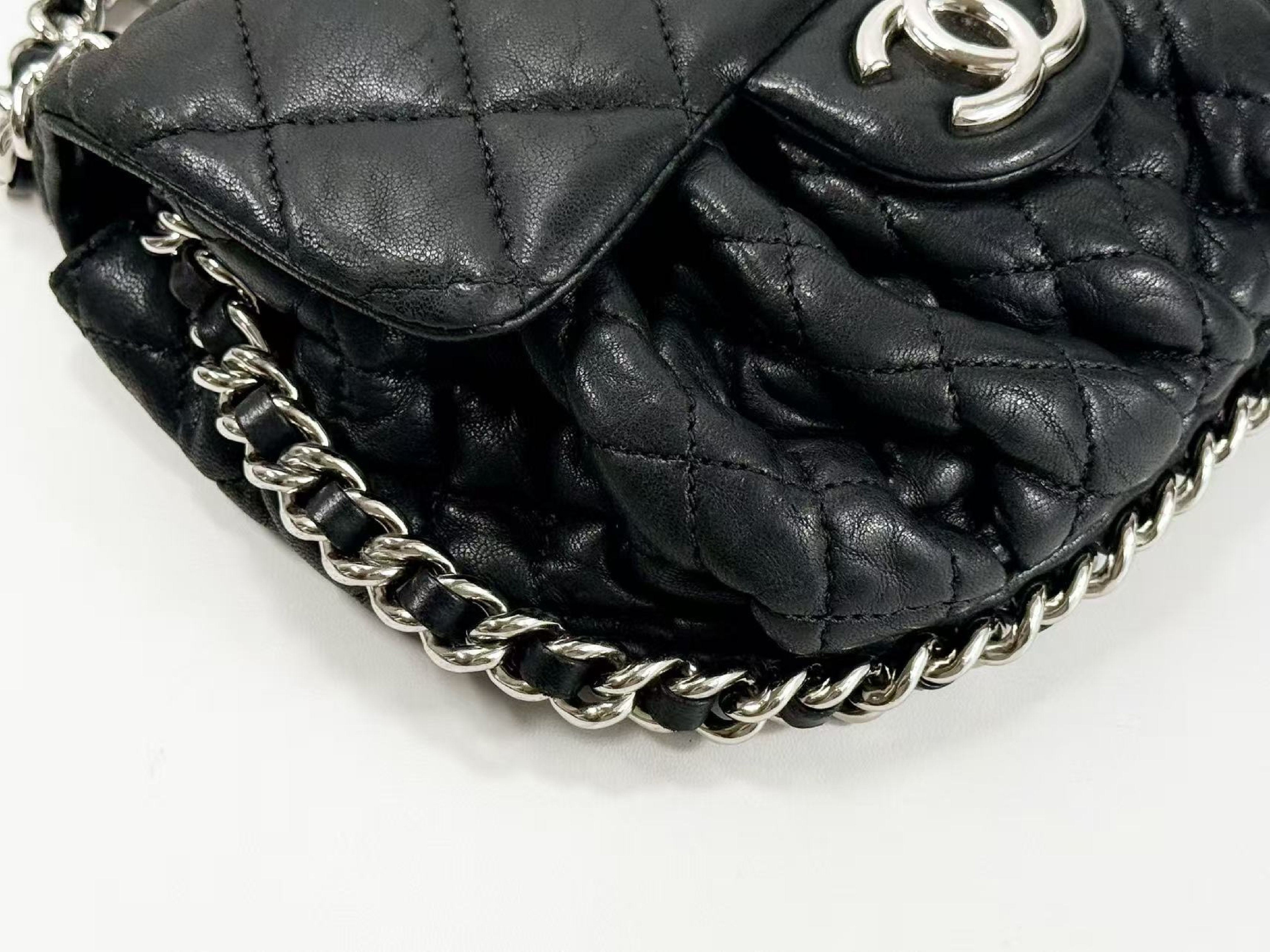 Black Matelassé Chain Around Shoulder Bag, Wrinkled Finish, Tanlock, Approx. W20cm, Serial Number 14-series, with dust bag and sticker, Silver Hardware, 14390206 — view 10