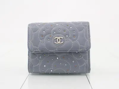 Camellia Stitch Stud Lambskin Compact Wallet, Light Blue, with Box