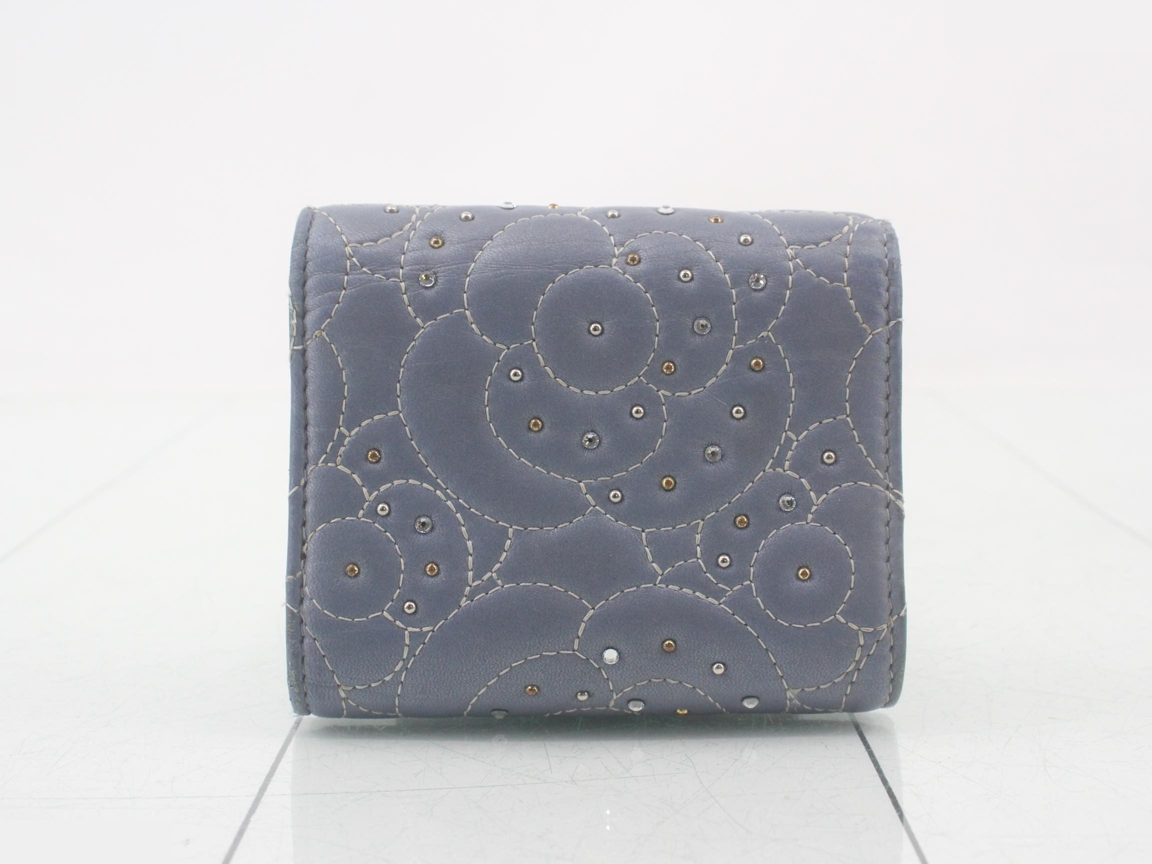 Camellia Stitch Stud Lambskin Compact Wallet, Light Blue, with Box — view 2