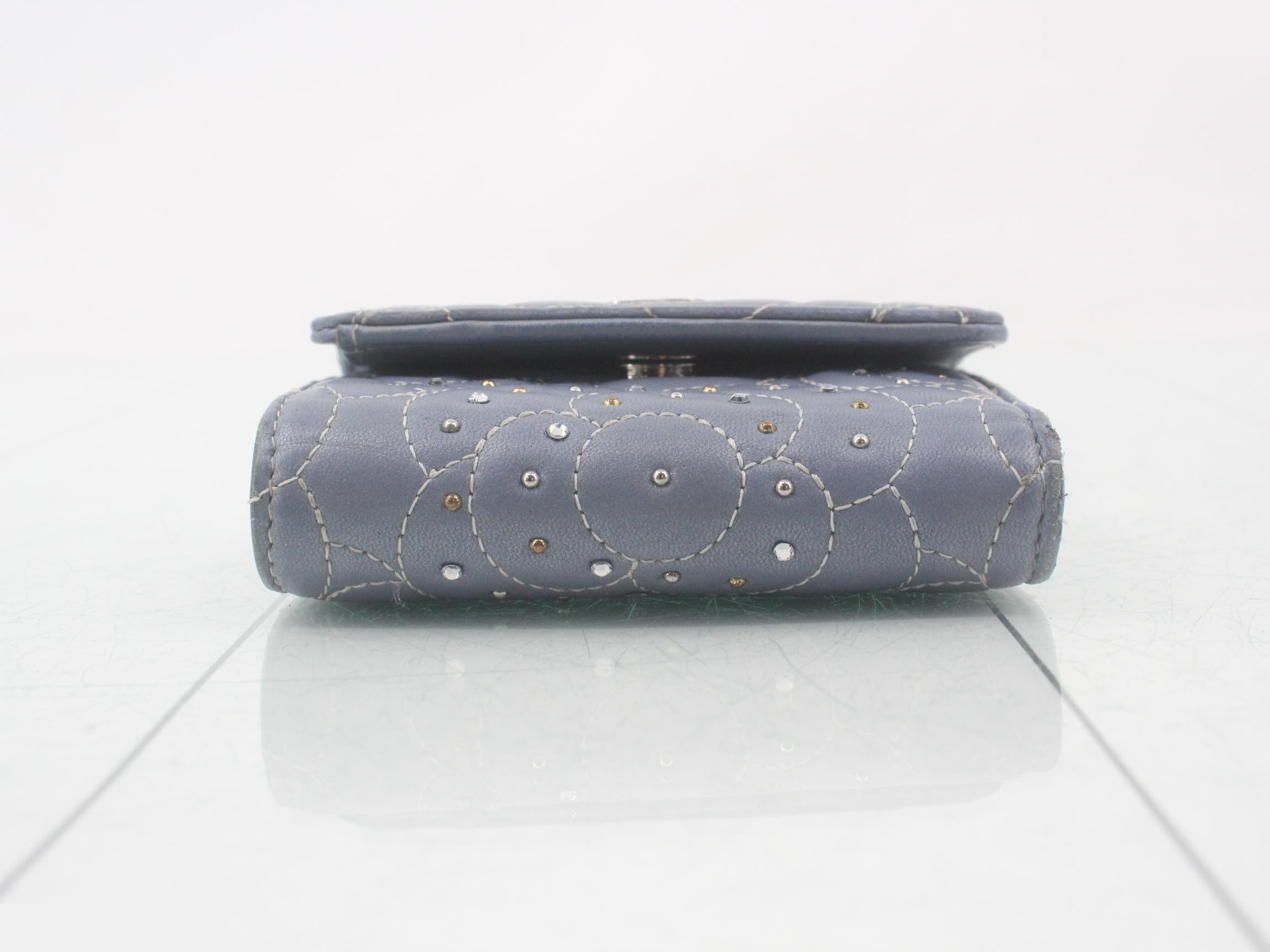 Camellia Stitch Stud Lambskin Compact Wallet, Light Blue, with Box — view 3