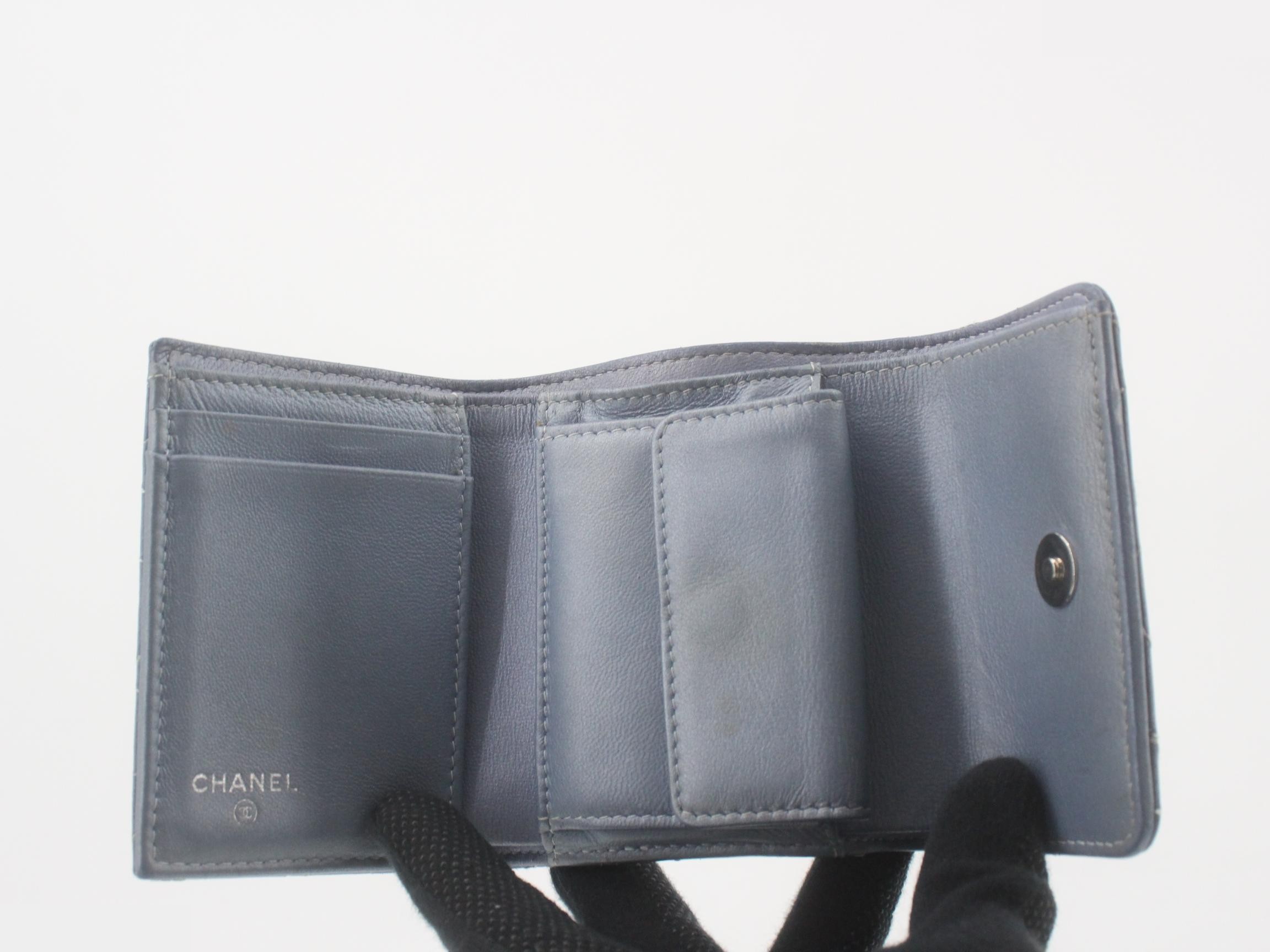Camellia Stitch Stud Lambskin Compact Wallet, Light Blue, with Box — view 4