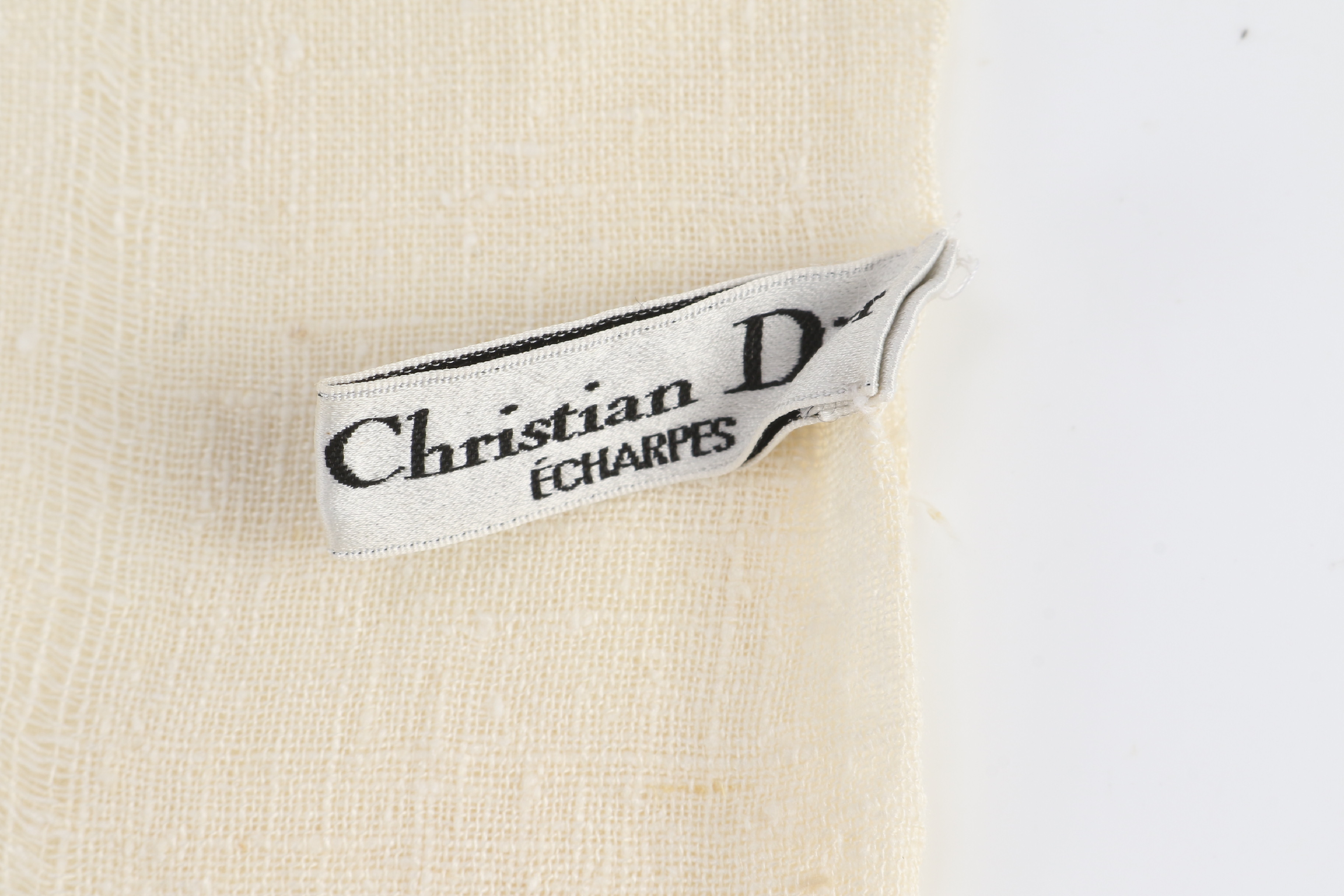 scarf/stole with tag, beige, fringe, and other accessories. — view 8