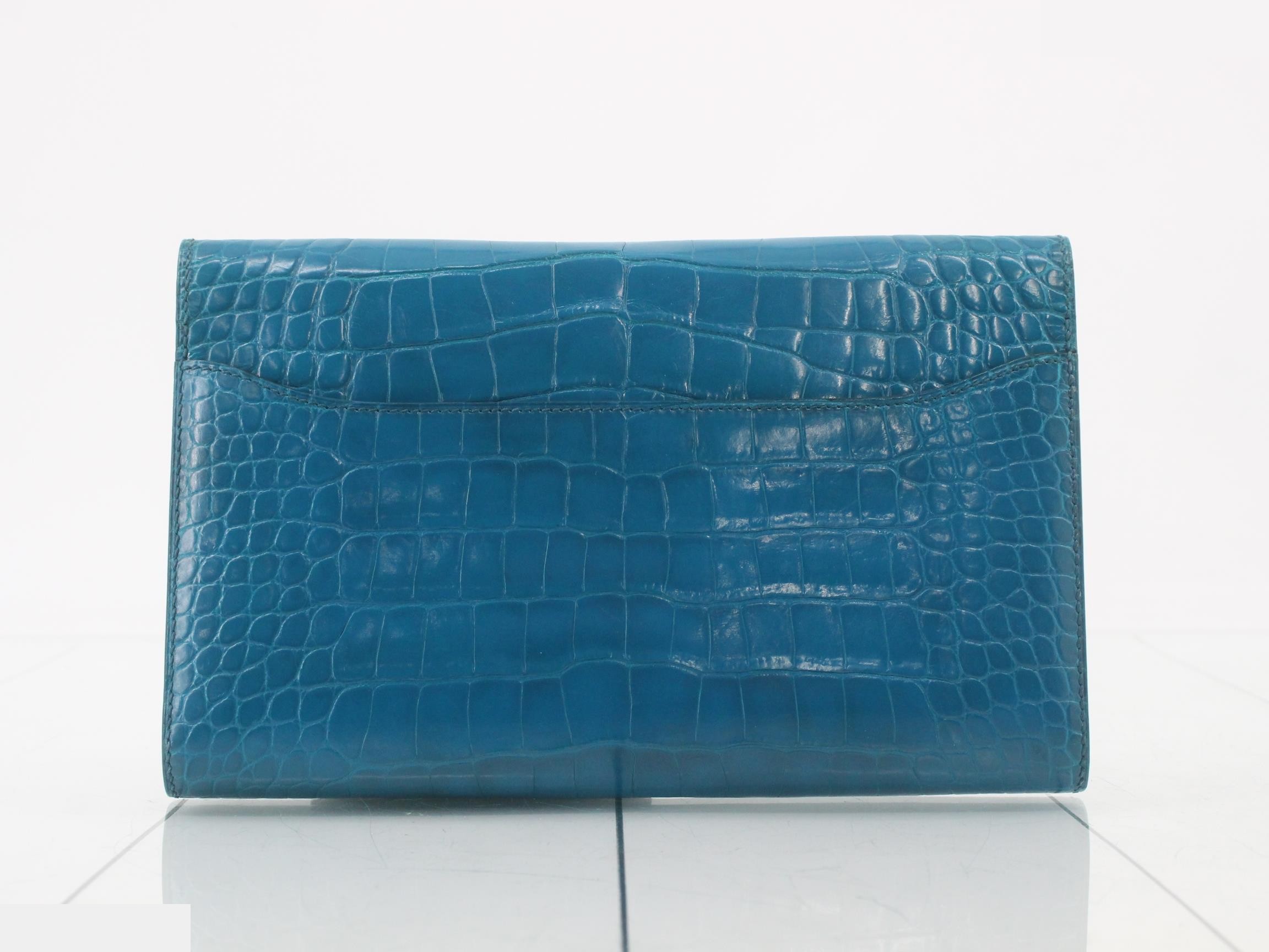 Constance Crocodile Bi-fold Long Wallet, P Stamp, Blue — view 2