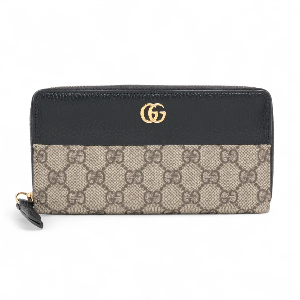 GG Marmont 456117 PVC x Leather Round Zip Wallet Beige x Black