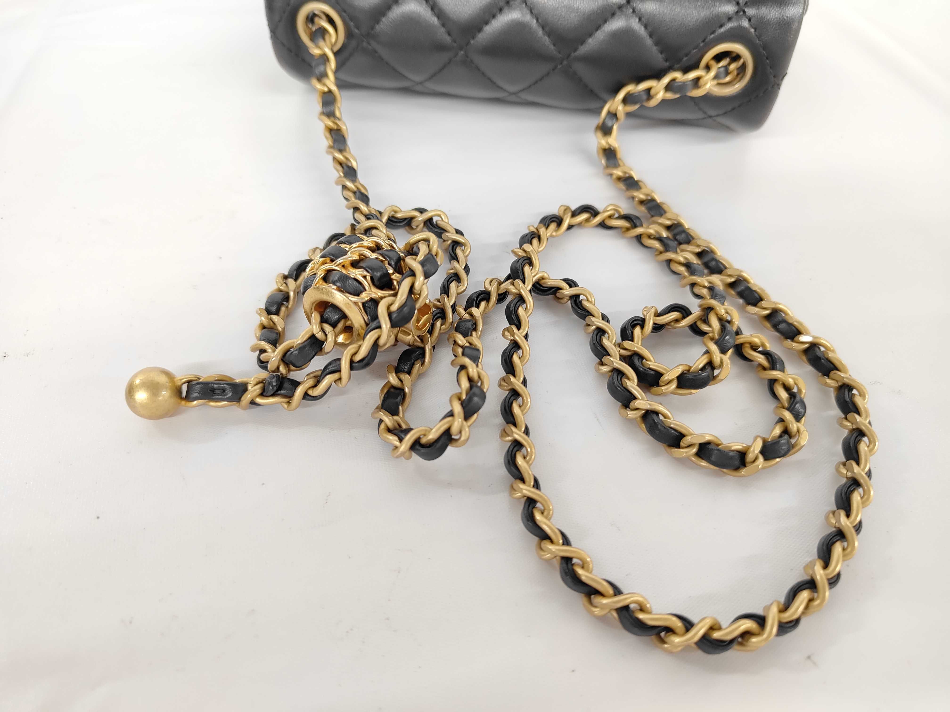 Matelassé Pearl Crush Mini Flap Bag, Black Lambskin, Chain Adjuster, Gold Hardware, Shoulder Bag — view 3