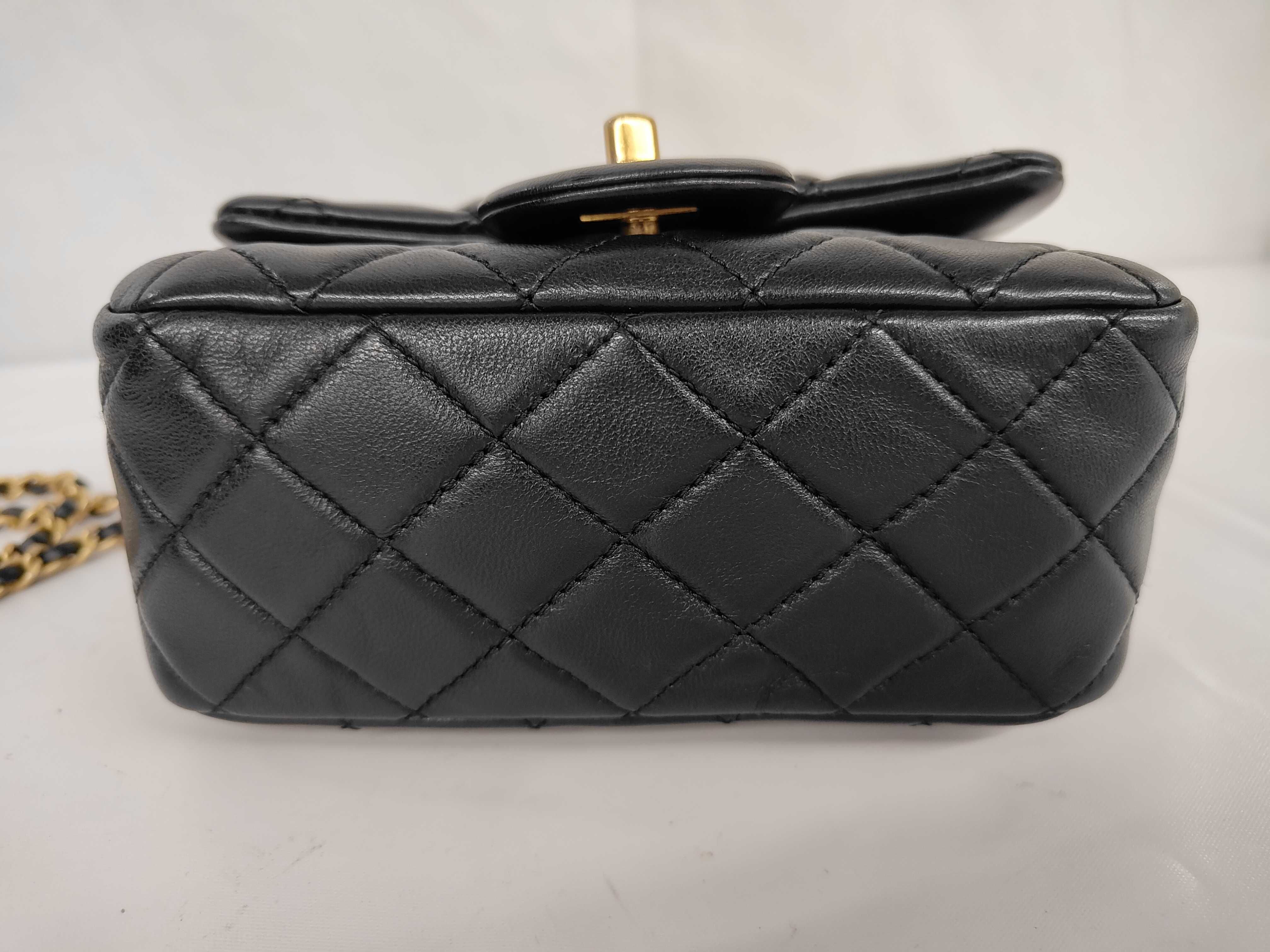Matelassé Pearl Crush Mini Flap Bag, Black Lambskin, Chain Adjuster, Gold Hardware, Shoulder Bag — view 8