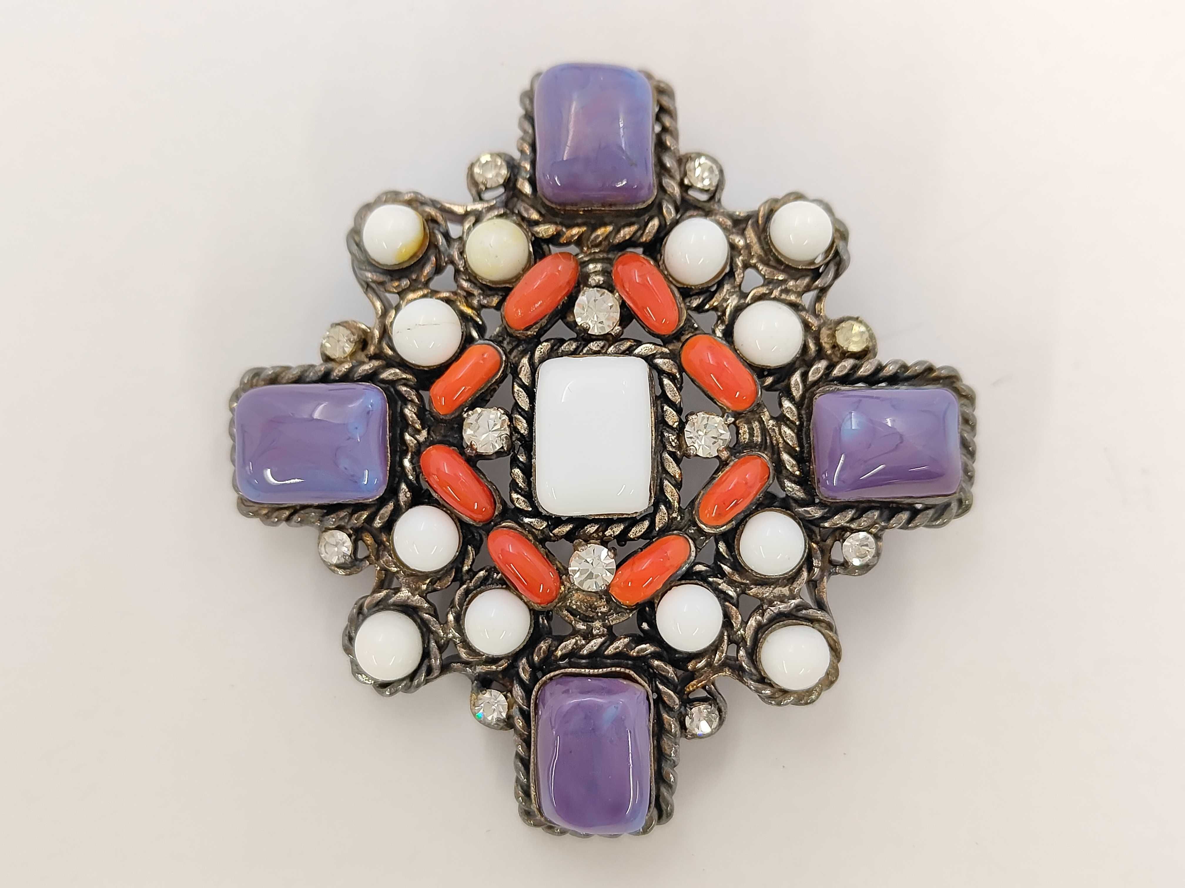 Colored Stone Cross Brooch
