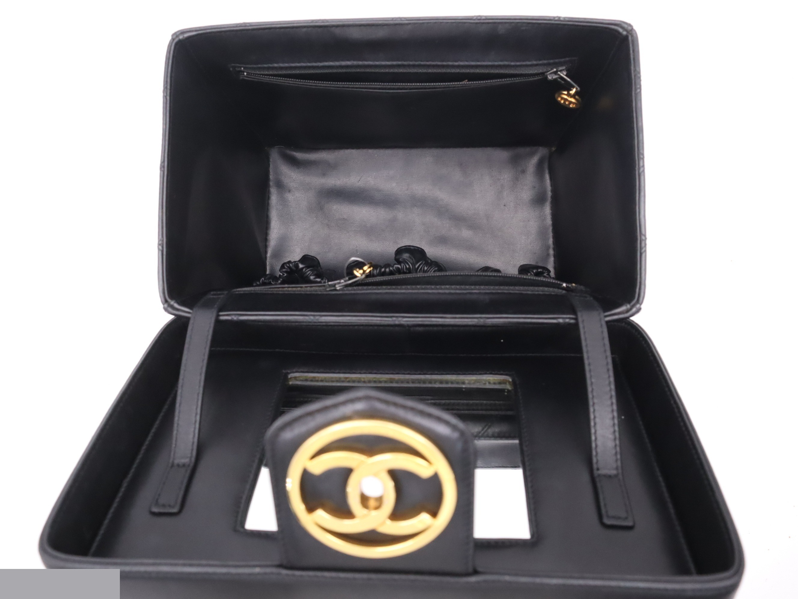 Leather 2-way vanity case, black, gold hardware, shoulder strap and seal included. — view 7