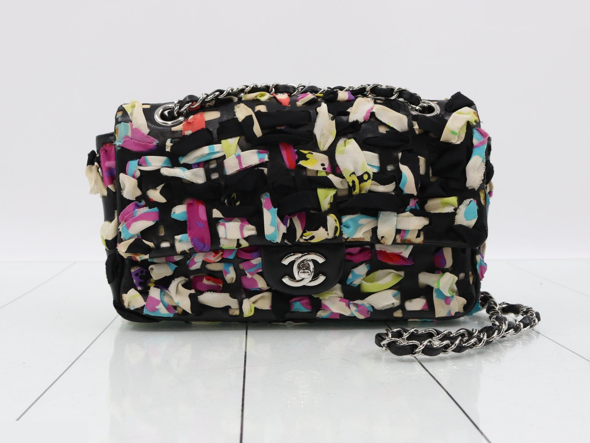 Ribbon, multicolor, double chain shoulder bag