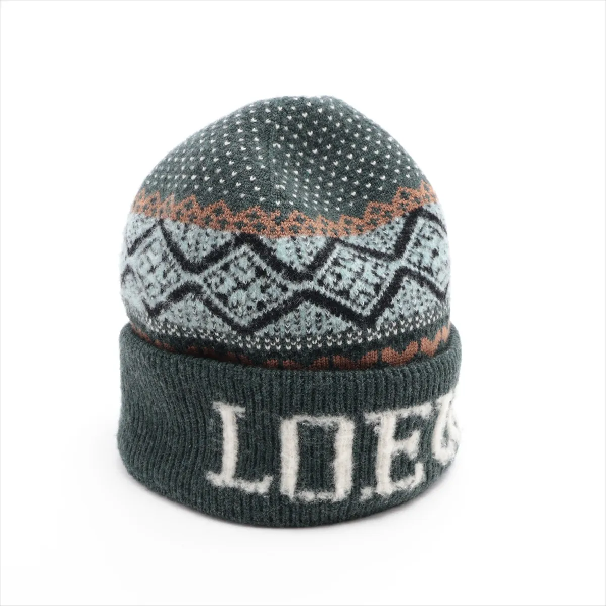 knit cap, wool x nylon, rose gold x dark green. Shows wear, — view 2