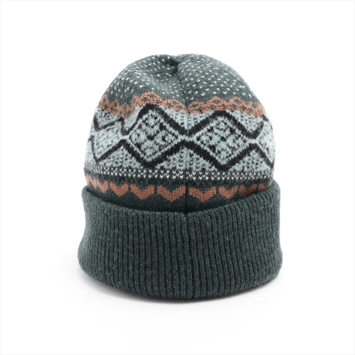 knit cap, wool x nylon, rose gold x dark green. Shows wear, — view 3