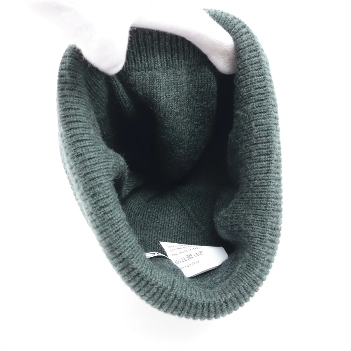 knit cap, wool x nylon, rose gold x dark green. Shows wear, — view 4