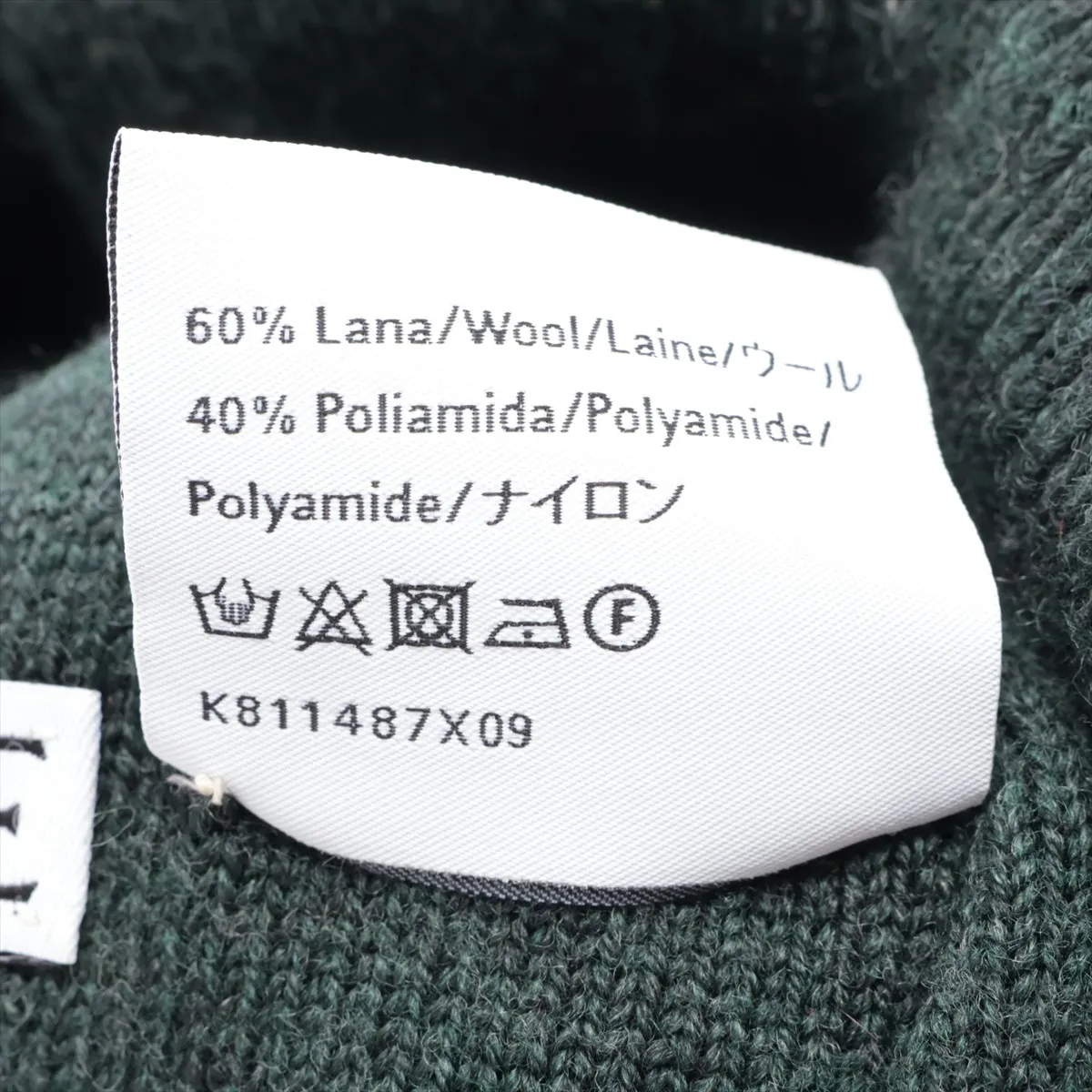 knit cap, wool x nylon, rose gold x dark green. Shows wear, — view 6