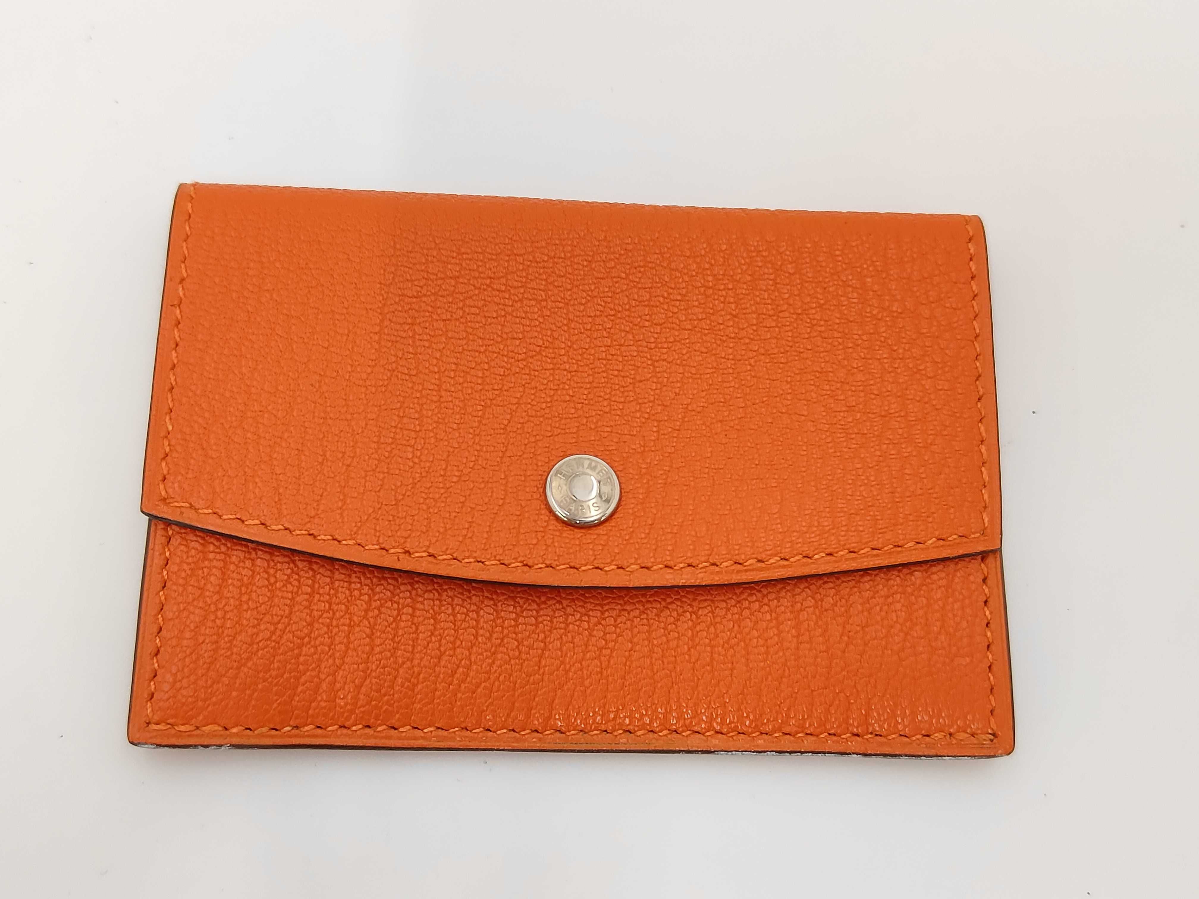 Coin Card Case Chevre Mysore Silver Hardware Orange Poppy I Wallet