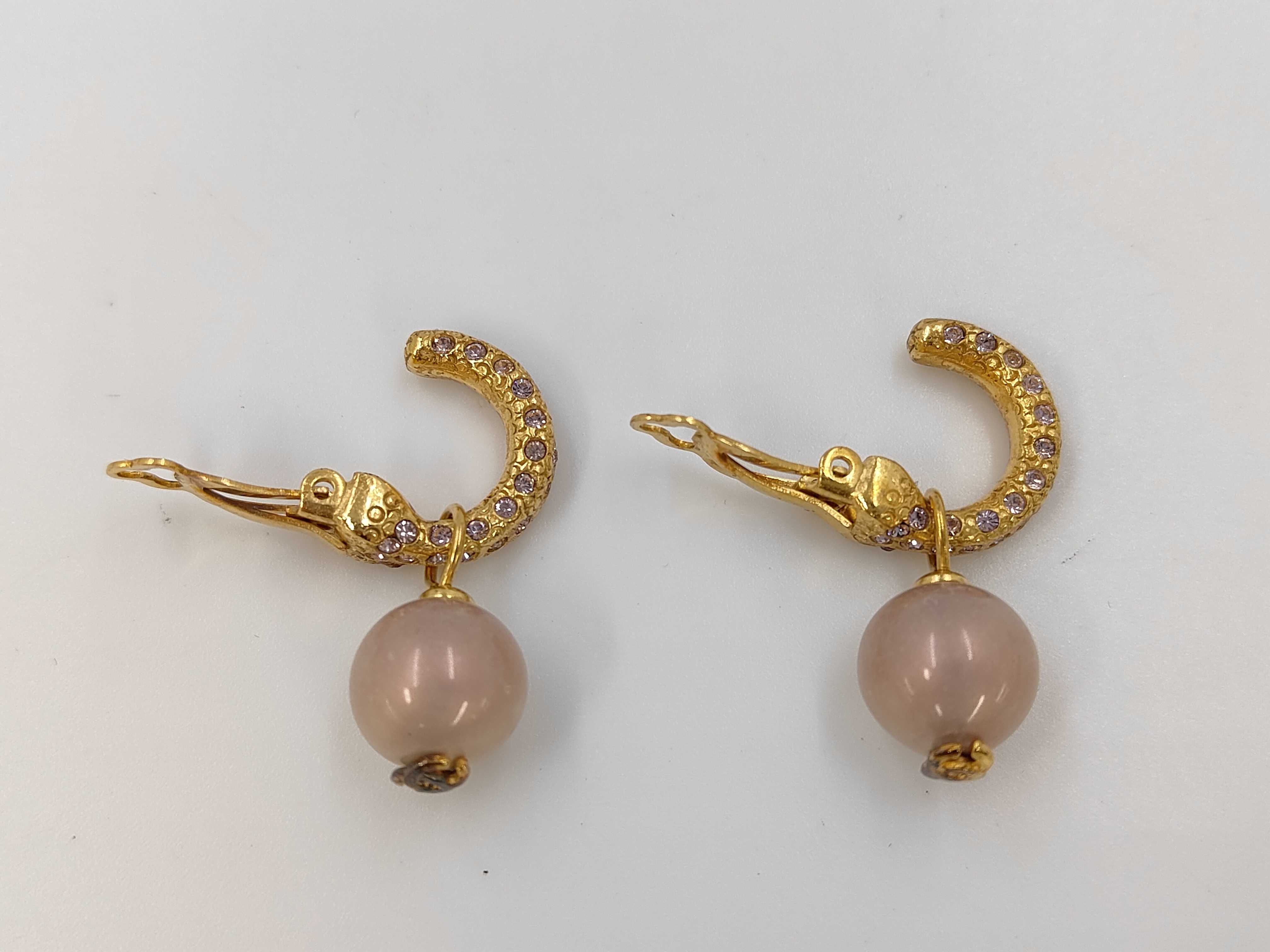 Hoop Earrings with Rhinestones, Pink Pearls, and Coco Mark (01P) — view 3
