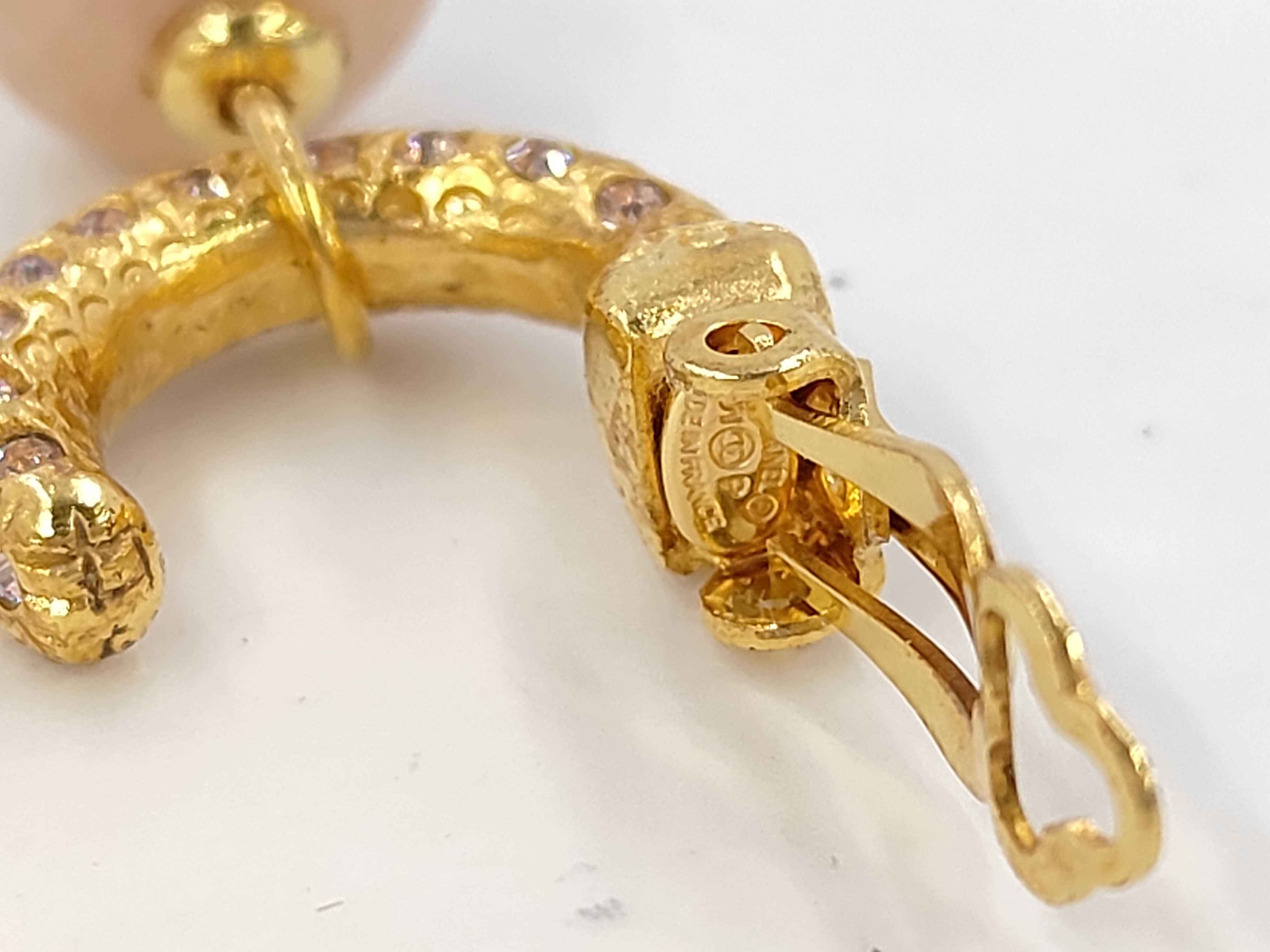 Hoop Earrings with Rhinestones, Pink Pearls, and Coco Mark (01P) — view 4