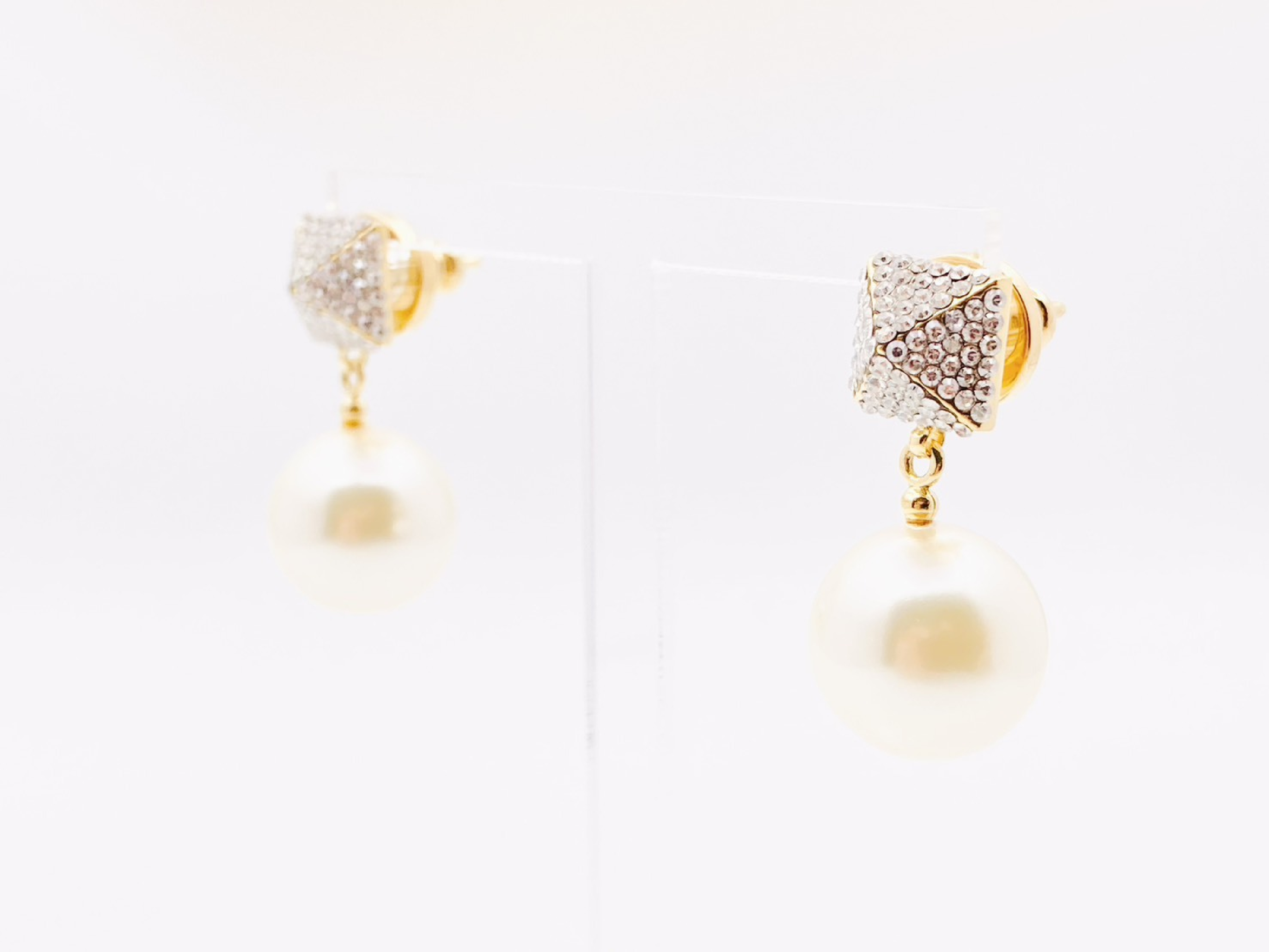 Rockstud Swarovski Crystal Pearl Bead Rhinestone x Faux Pearl Swing Earrings Gold Current Model Earrings — view 2