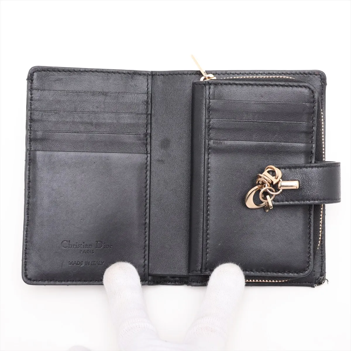 Lady Dior Cannage Leather Compact Wallet, Black — view 3