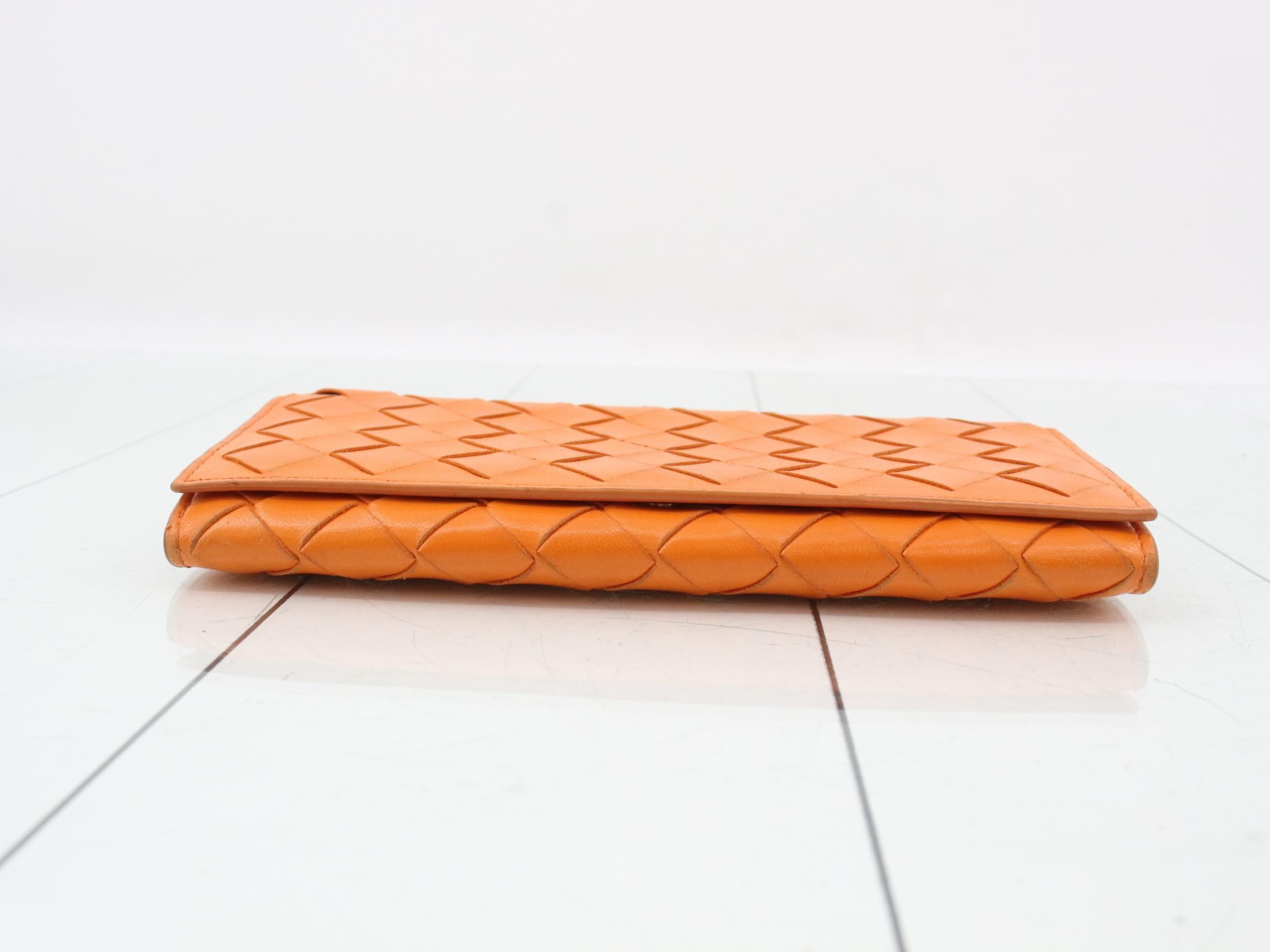 Intrecciato bi-fold long wallet, leather, orange, with box, dust bag, and booklet. — view 3