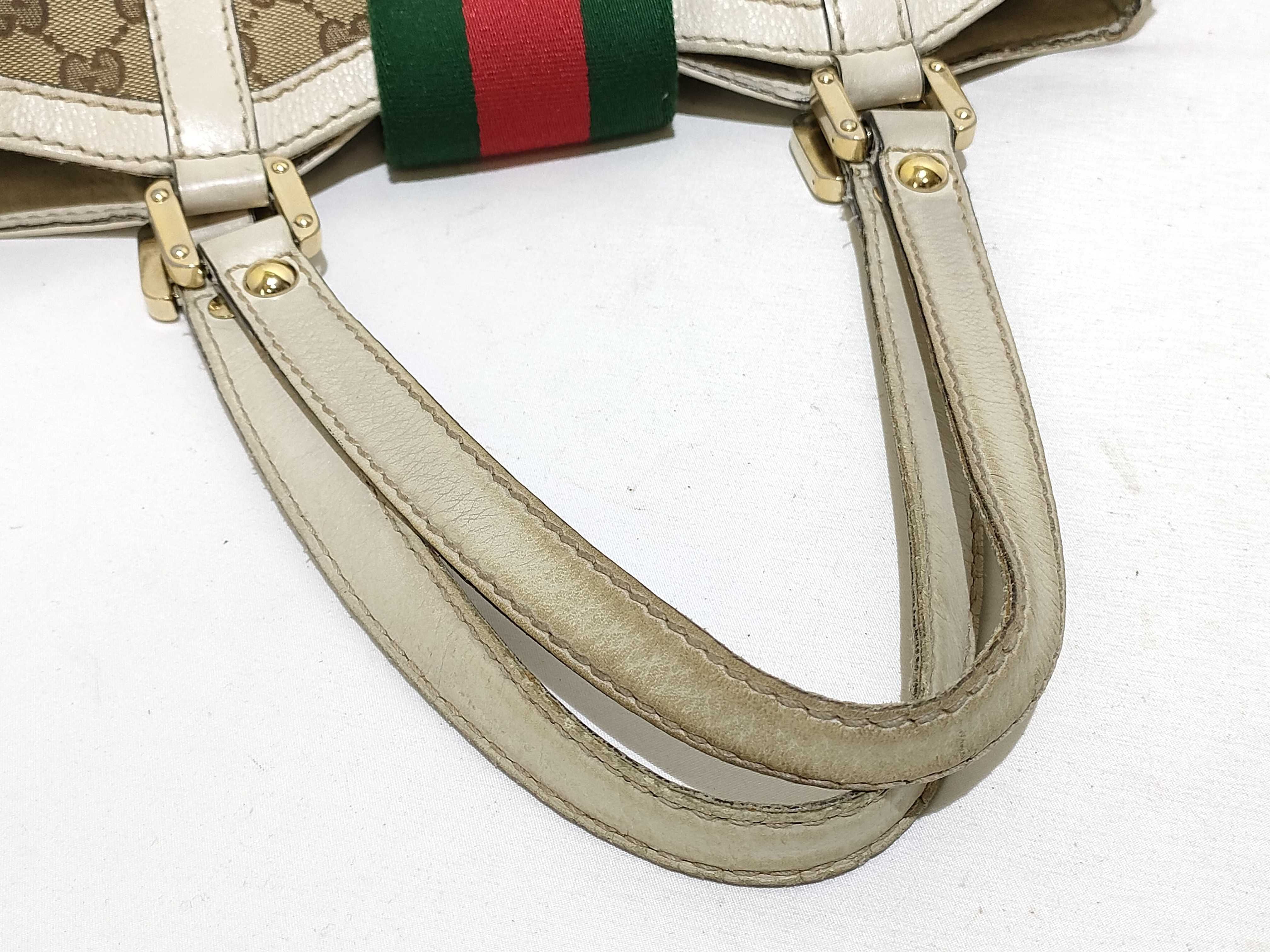 GG Canvas Tote Bag, Gucci 233609, GG Canvas Sherry Line, Leather, White, Brown Tote Bag — view 3