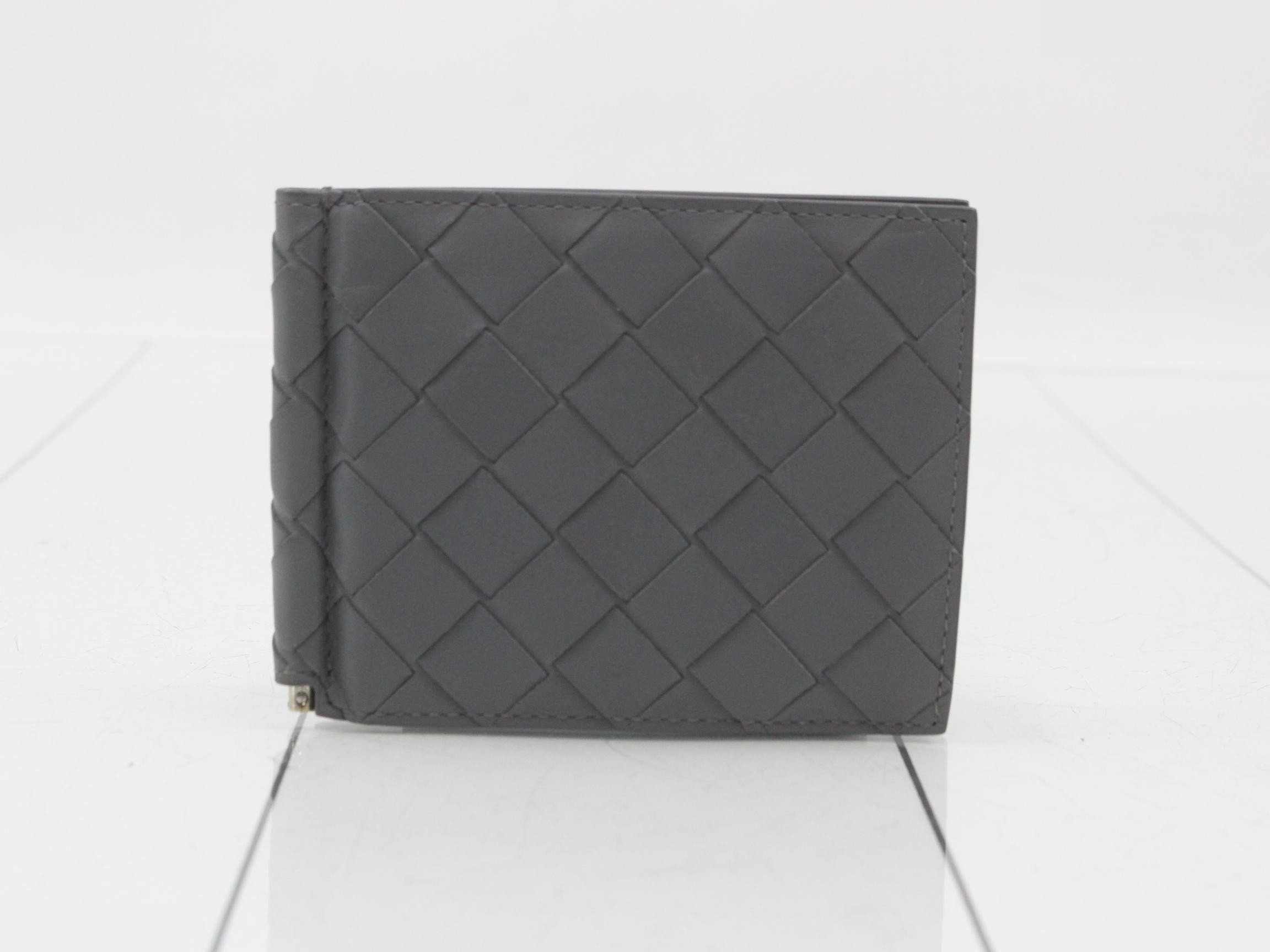 Intrecciato leather wallet/bi-fold wallet with money clip, gray