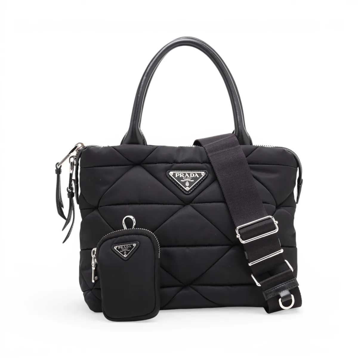 Tessuto Quilted Nylon x Leather 2-Way Handbag, Black