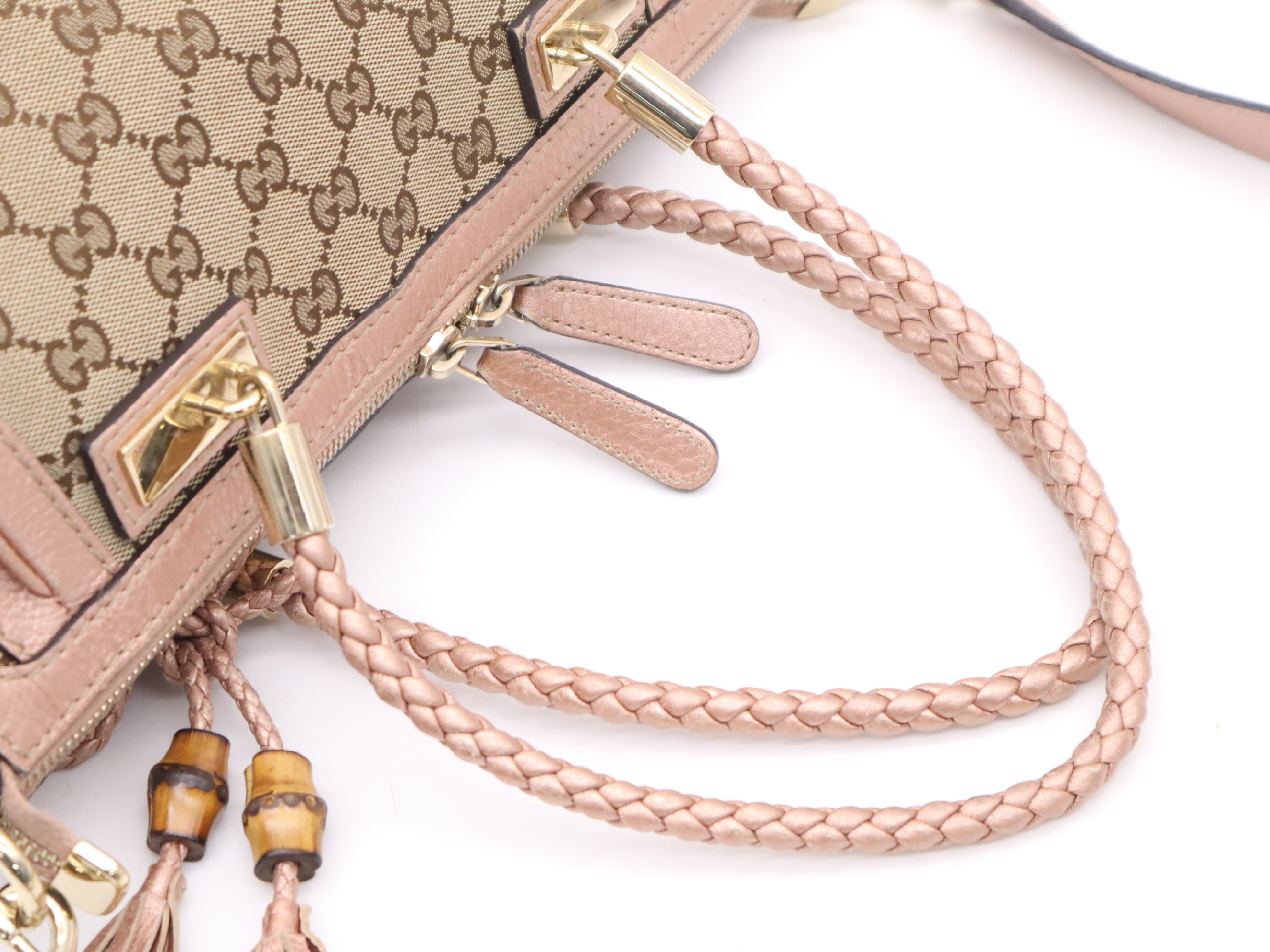 282300 GG Canvas Bella 2-way Handbag Beige Pink with Shoulder Strap and Bamboo Tassel — view 6