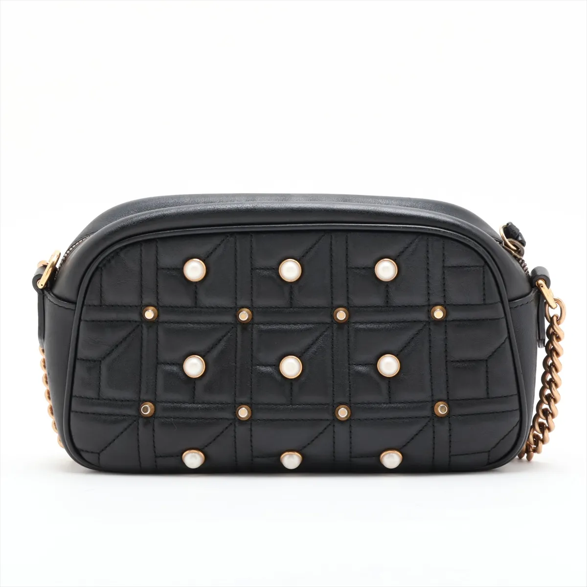 GG Marmont 447632 Leather x Pearl Chain Shoulder Bag, Black — view 2